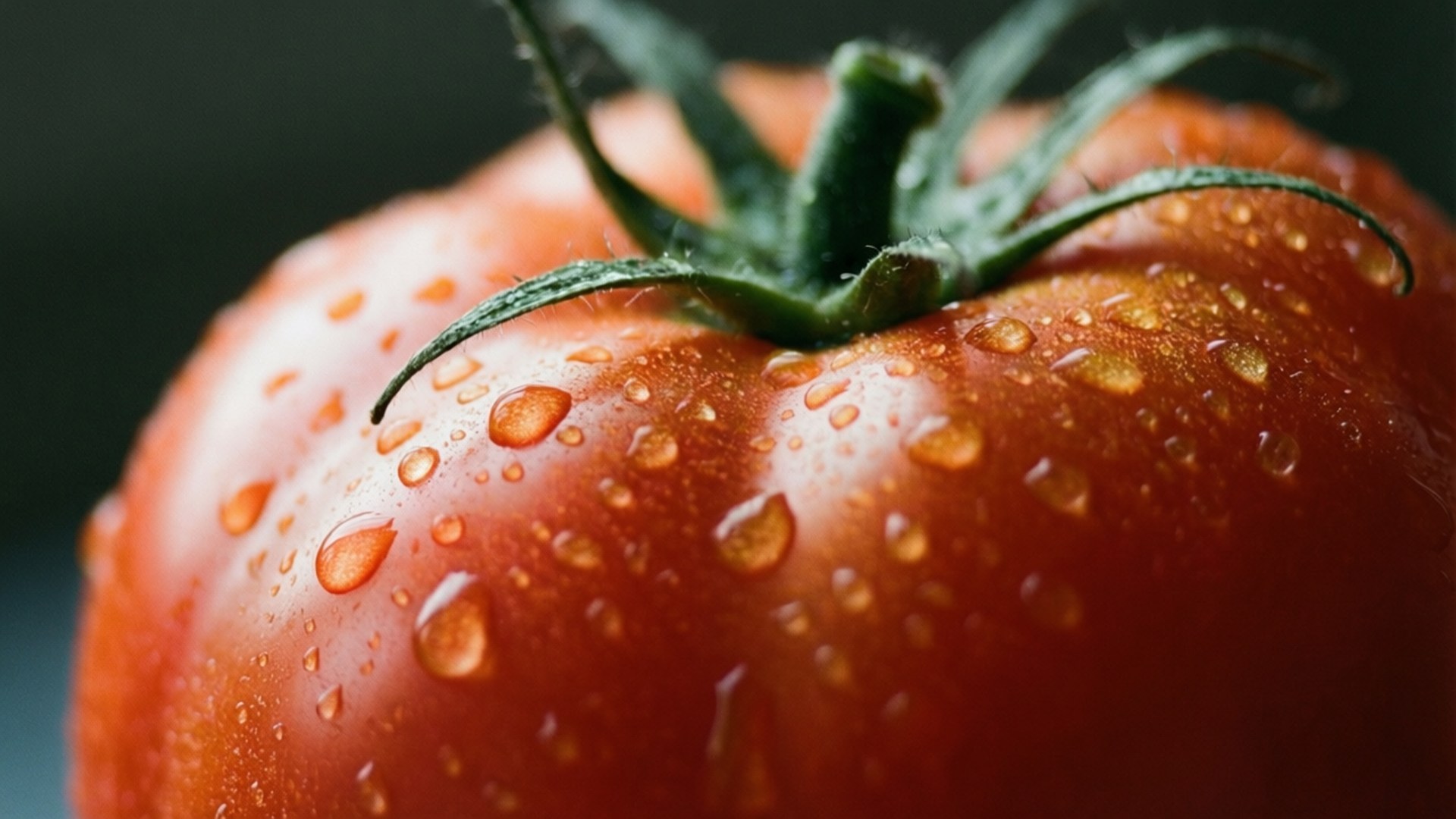 Red Tomato Macro 壁紙 — 一個成熟紅番茄的特寫，帶有閃閃發光的水滴和綠色莖，背景為深色模糊。