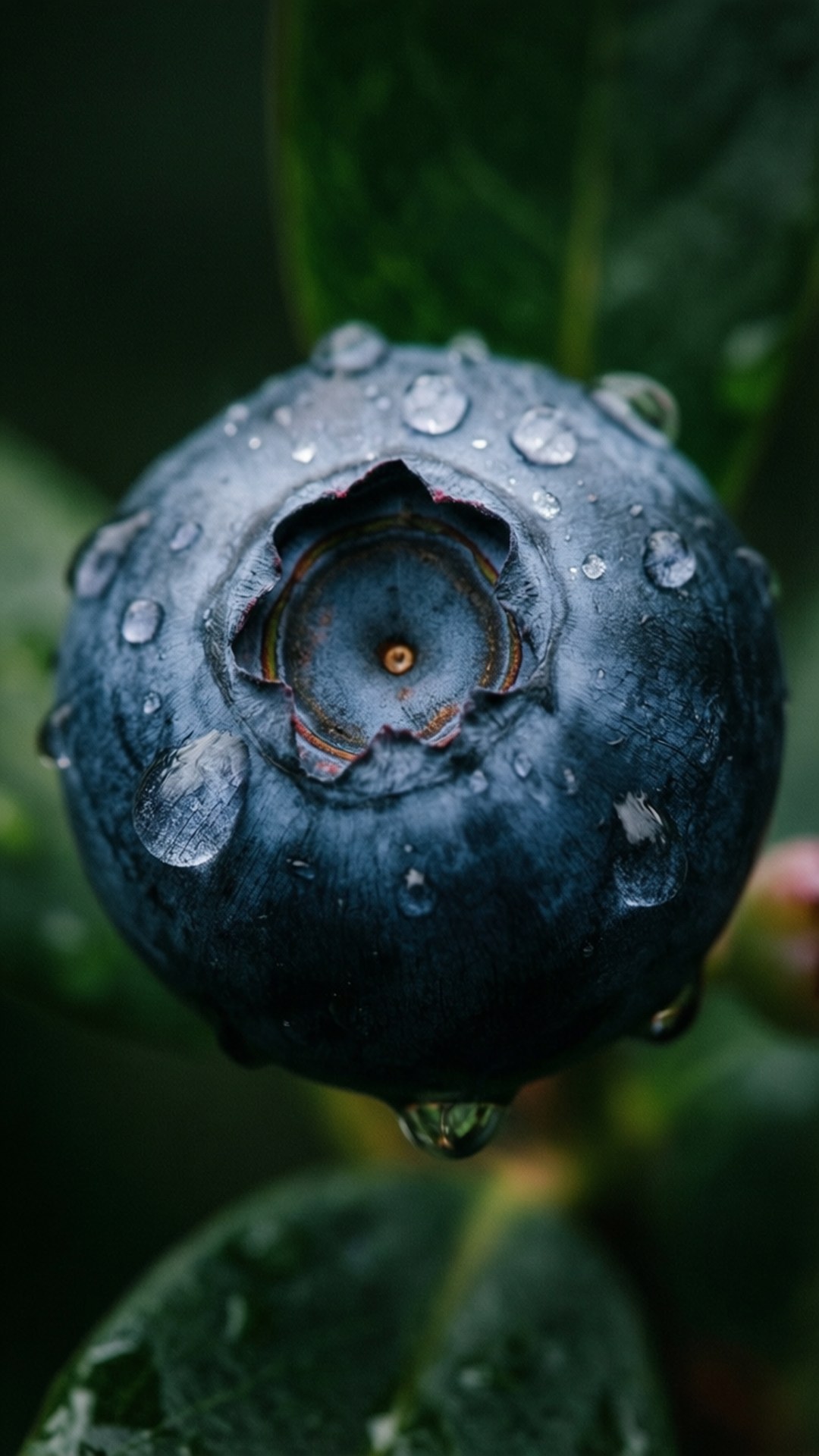 Dew Drop Blueberry 壁紙 — 特寫鏡頭：一顆沾滿露珠的藍莓，在模糊的綠色樹葉背景下閃爍著水珠。