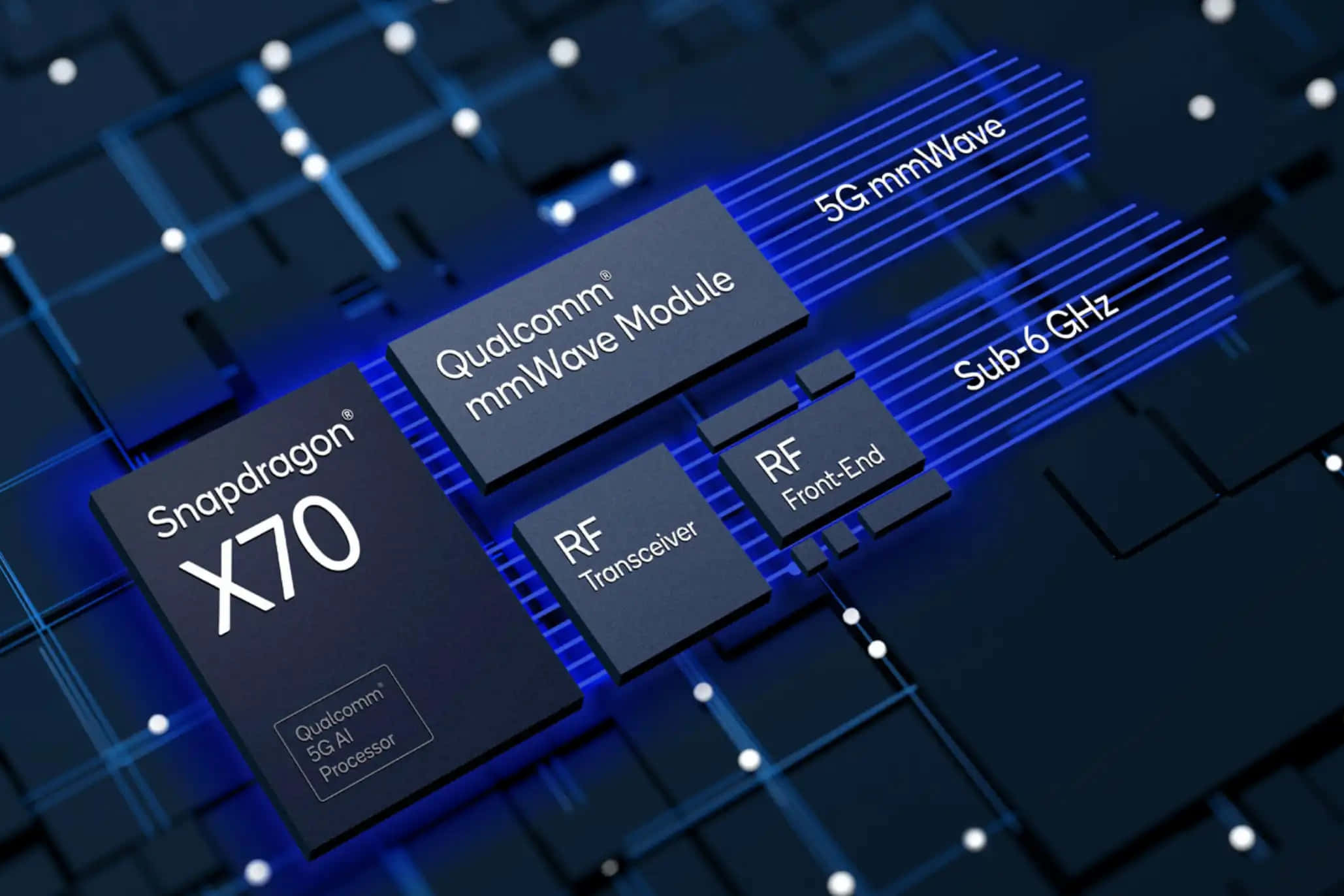 Chipset 桌布 壁紙 — Snapdragon X70 5G 晶片的特寫，帶有發光藍色電路和標籤組件，位於深色科技板上。