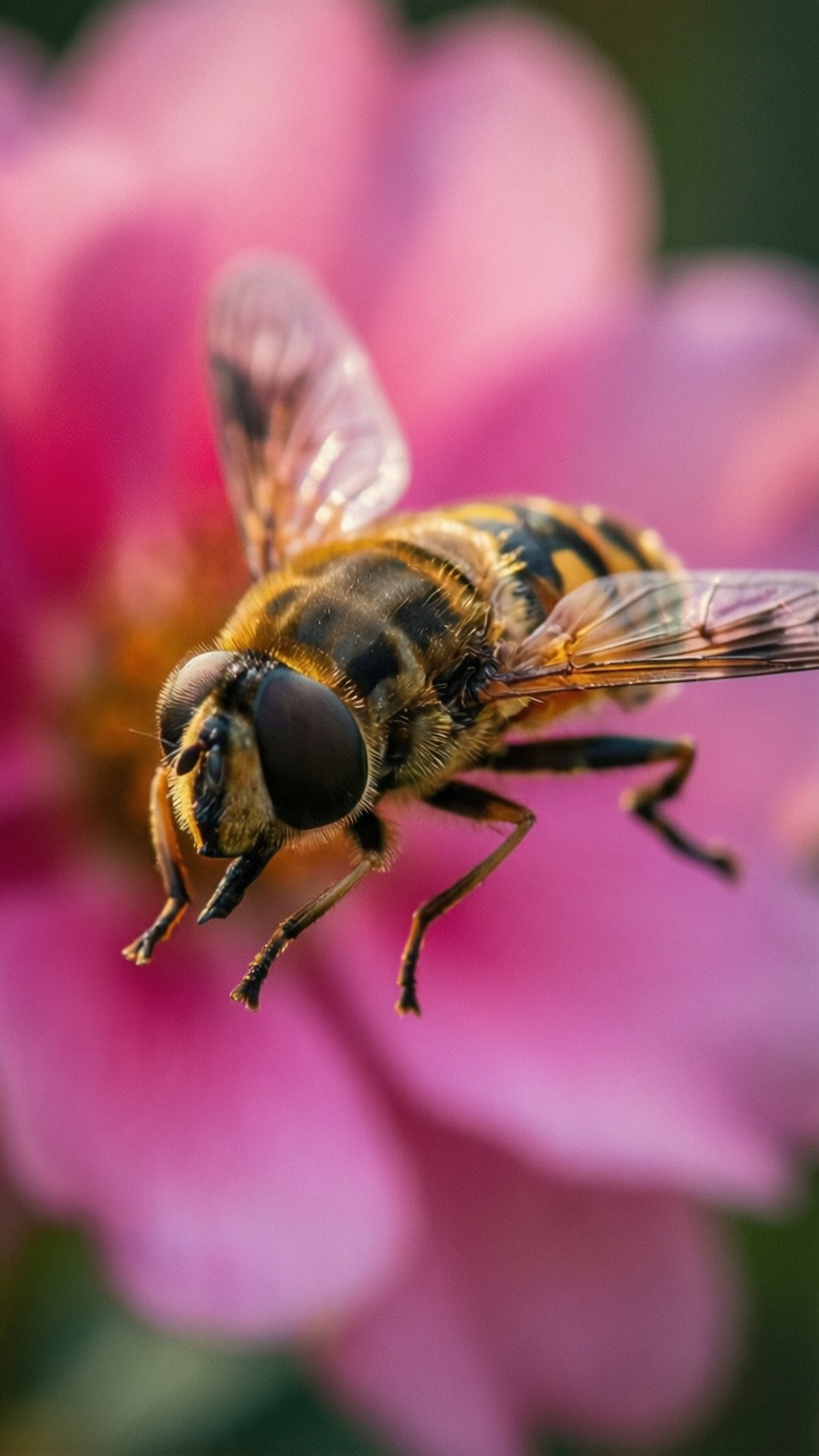 fly 桌布 壁紙 — 一隻條紋食蚜蠅在柔軟的粉紅色花附近盤旋的特寫，花瓣模糊。
