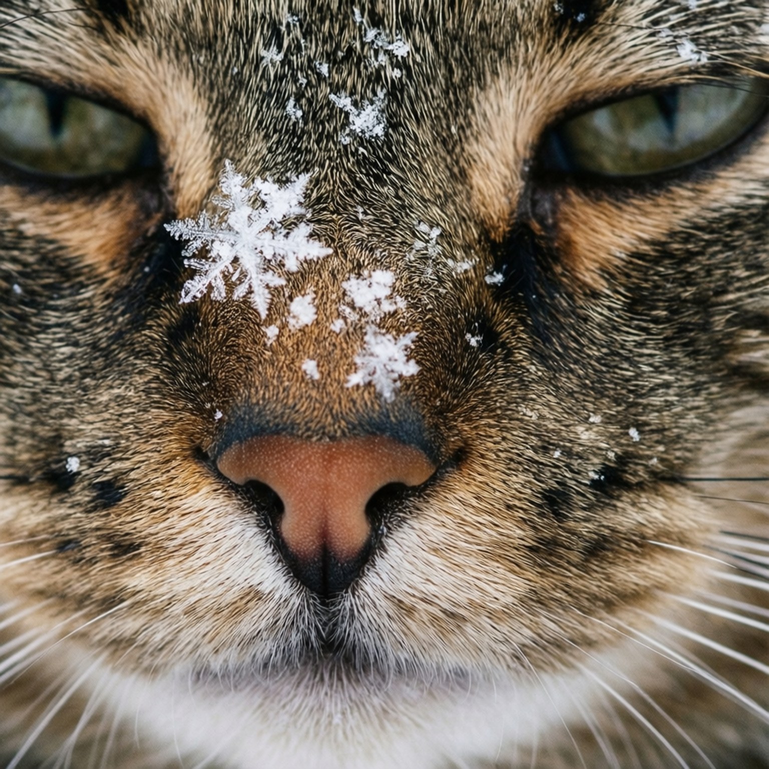 Cat with Snowflakes 壁紙 — 虎斑貓臉部的特寫，精緻的雪花落在牠的毛髮和鼻子上。