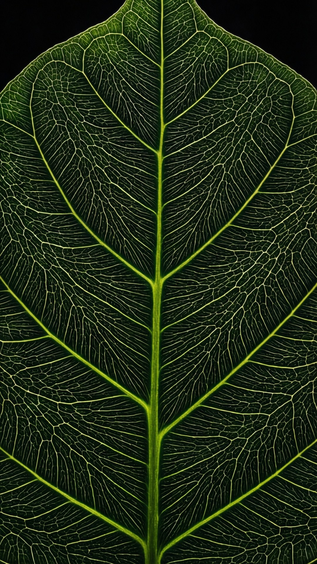 Leaf Vein Abstract 壁紙 — 一片充滿活力的綠色葉子的特寫，帶有複雜的葉脈圖案，在黑色背景上發光。