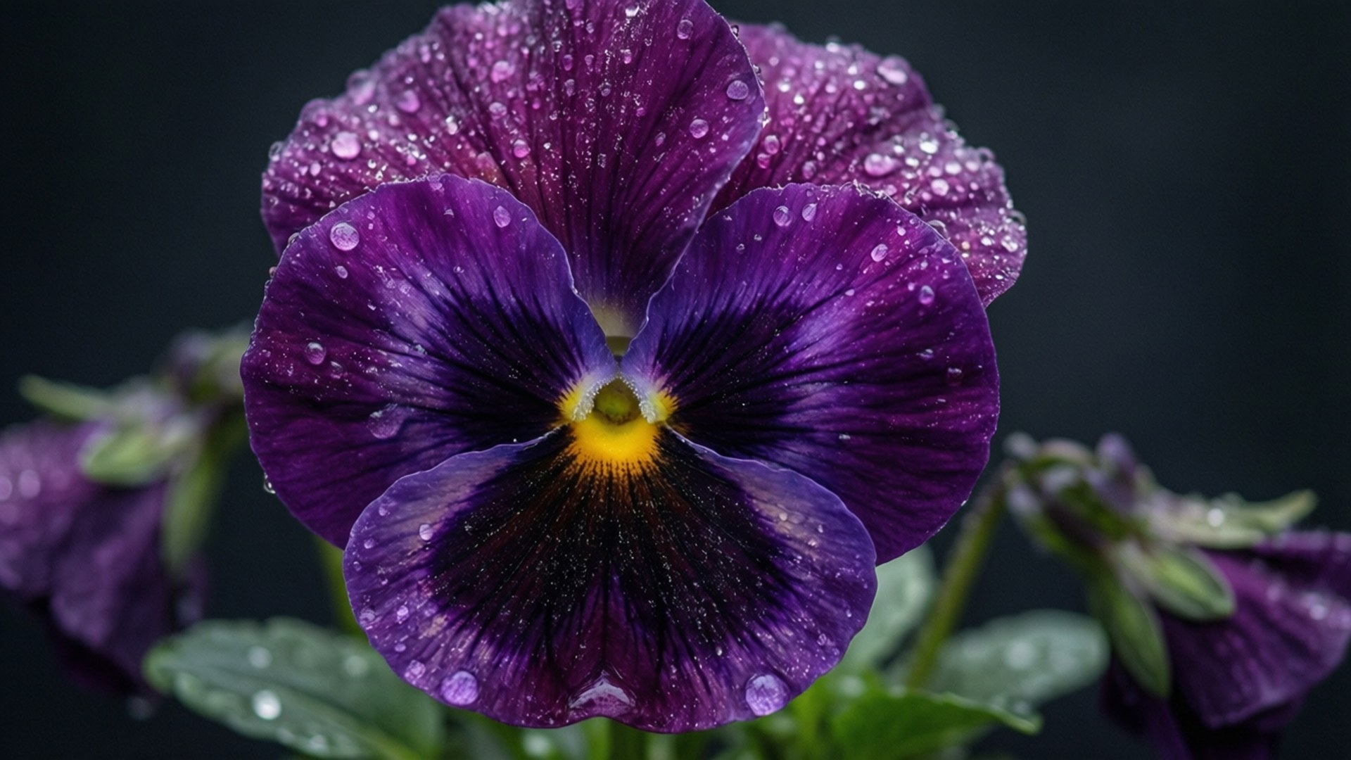 Purple Dewy Pansy Macro 壁紙 — 近距離拍攝一朵充滿活力的紫色三色堇，花瓣上閃爍著露珠，背景為深色。