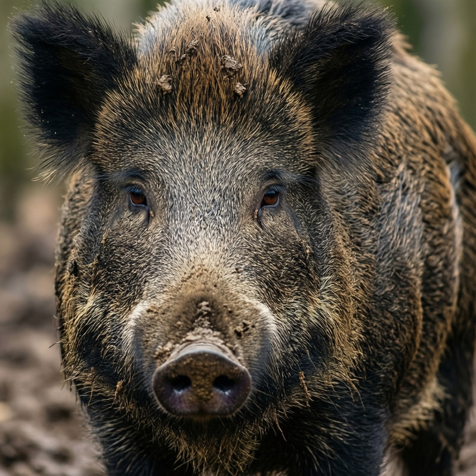 Boar Bristle Texture 壁紙 — 一頭野豬的近距離特寫，毛髮沾滿泥濘，眼神銳利，在森林環境中直視鏡頭。