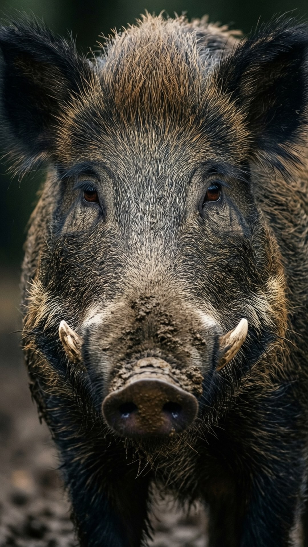 Muddy Boar Portrait 壁紙 — 一頭野豬的近距離特寫，泥濘的鼻子和鋒利的獠牙，在森林環境中直視鏡頭。