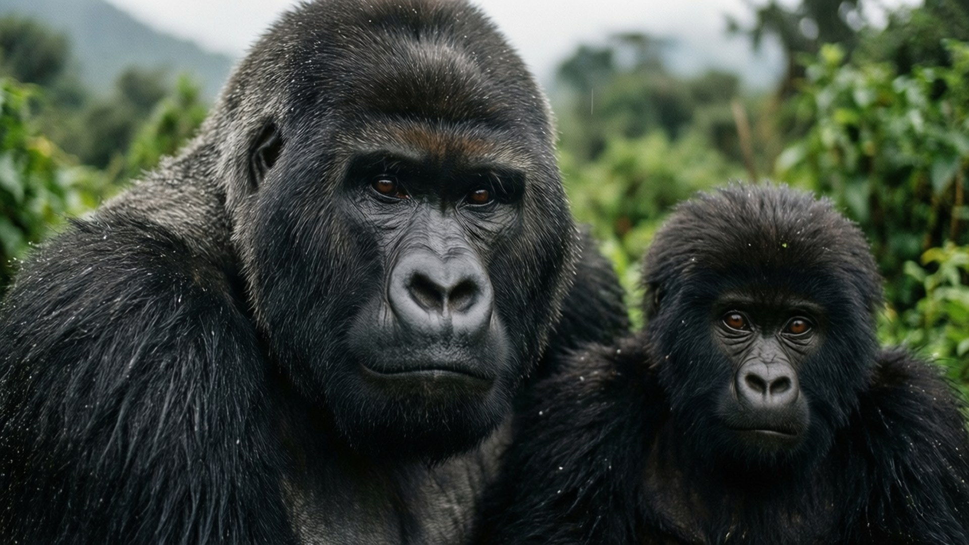 Dr Congo 桌布 壁紙 — 一隻成年大猩猩和一隻年輕大猩猩透過霧氣瀰漫的雨林背景專注凝視的特寫。