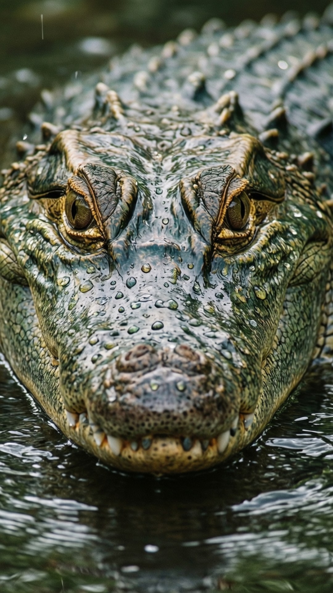 Alligator Head Emergence 壁紙 — 鱷魚臉部從渾濁水中浮現的特寫，雨滴在其紋理鱗片上閃閃發光。