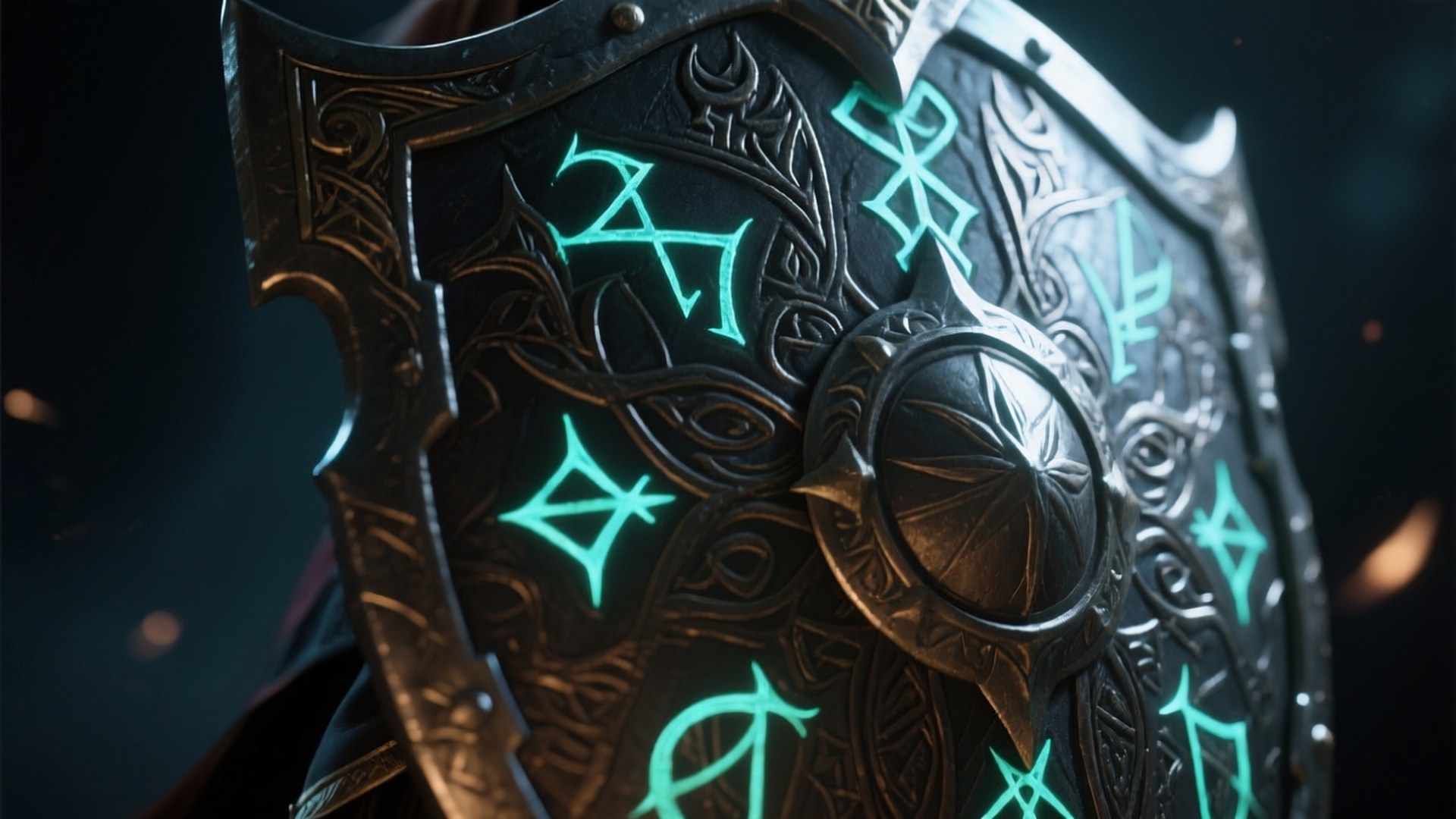 Runic Shield Detail 壁紙 — 一個華麗的深色金屬盾牌的特寫，帶有發光的青綠色符文和精細雕刻，背景煙霧繚繞。