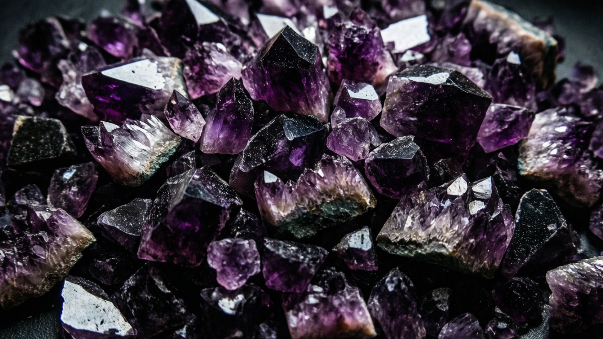 Broken Shards Pile 壁紙 — 深色背景下粗糙紫水晶晶體的近距離特寫，帶有深紫色刻面和白色礦物內含物。