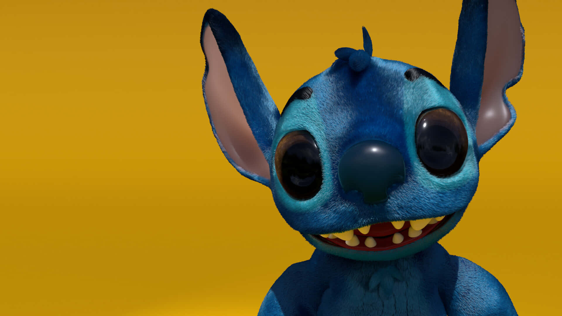藍色卡通角色史迪奇在黃色背景上微笑，大眼。 — Stitch 壁紙