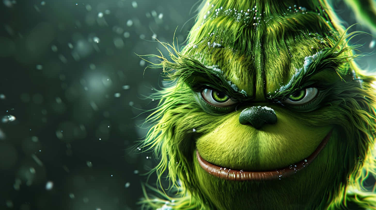 壁紙 — 聖誕怪傑 Grinch 的綠色暴躁面孔特寫，雪花在黑暗模糊的背景中飄落。