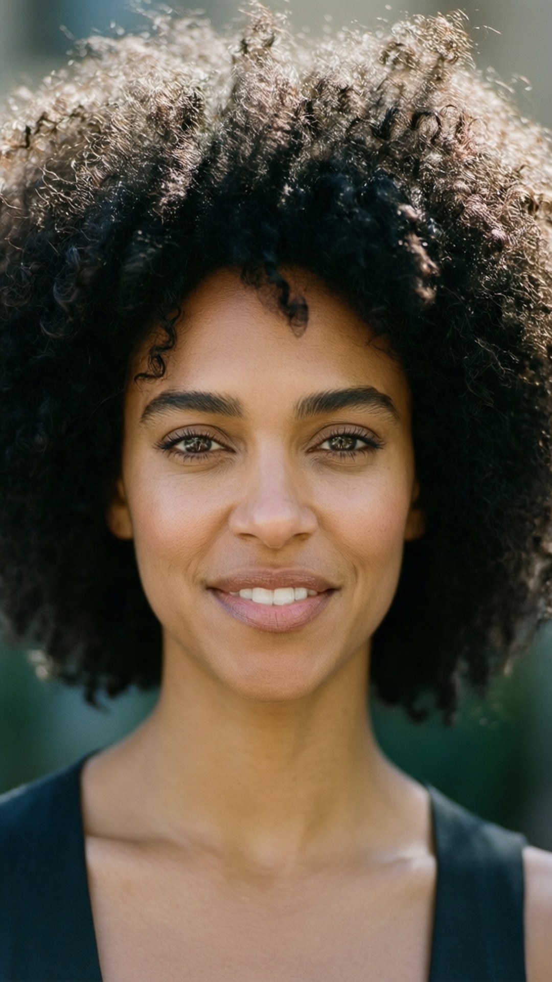 Natural Afro Beauty 壁紙 — 一位擁有豐盈深色捲髮的女性近距離肖像，對著鏡頭溫柔微笑。