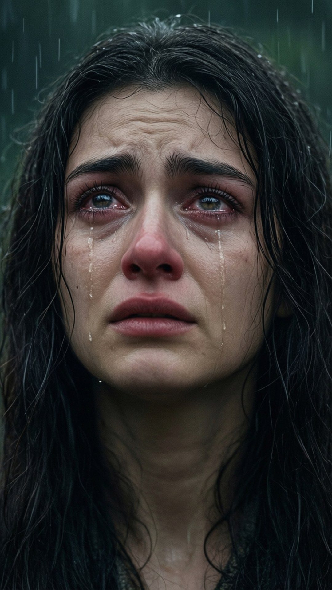 Teary-Eyed Persia 壁紙 — 一個特寫肖像，一名濕黑髮女子在暴雨中哭泣，臉上掛著淚痕。