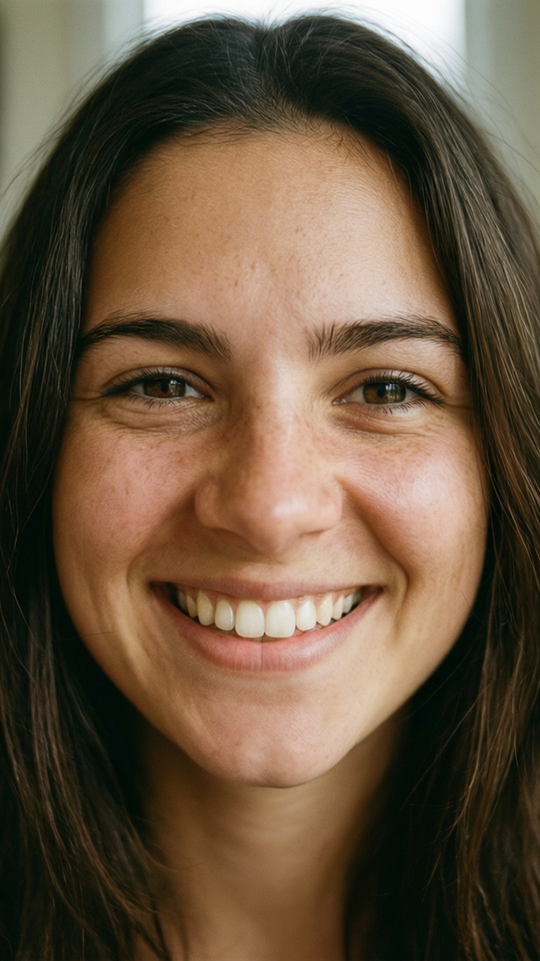Warm Smile Portrait 壁紙 — 一位年輕棕髮女性對著鏡頭溫暖微笑的特寫肖像。