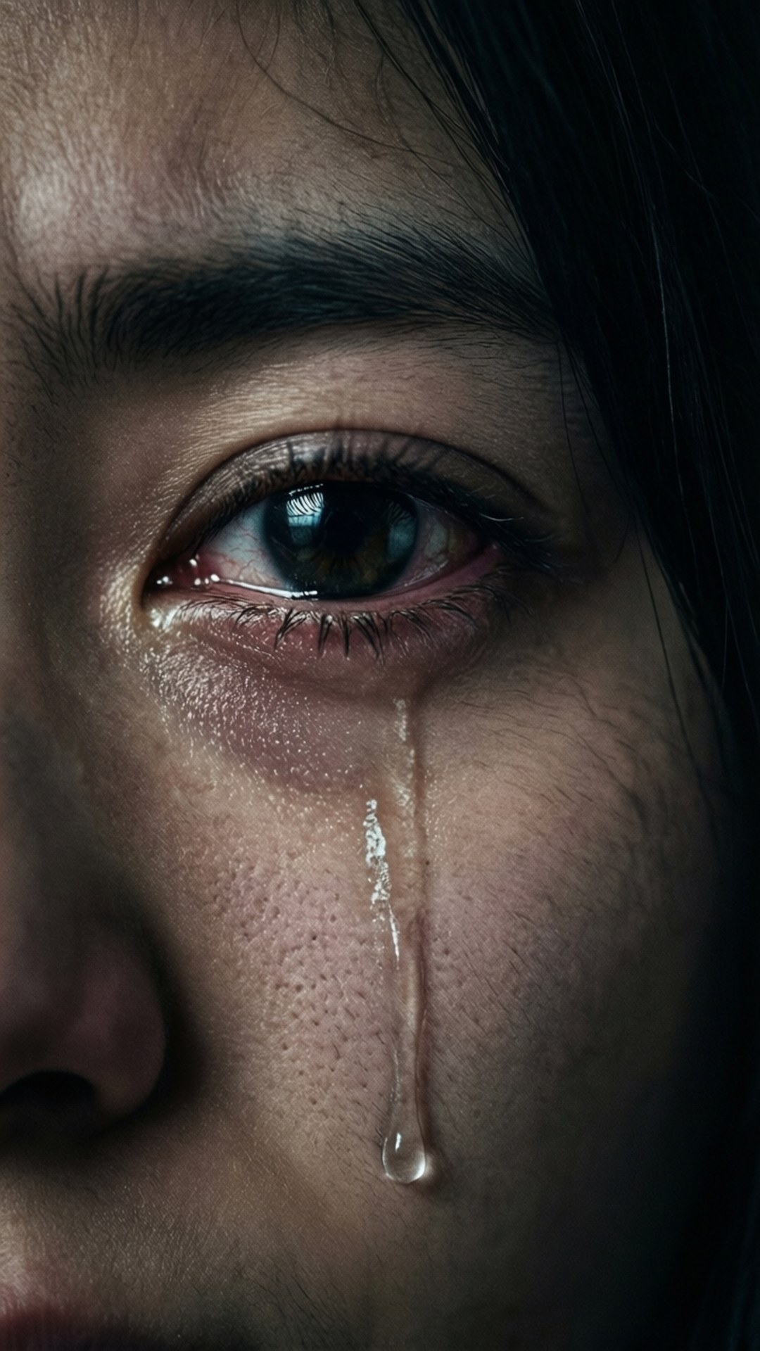 Tearful Eye 壁紙 — 女性眼睛的特寫，一滴淚水在昏暗燈光下順著臉頰流下。