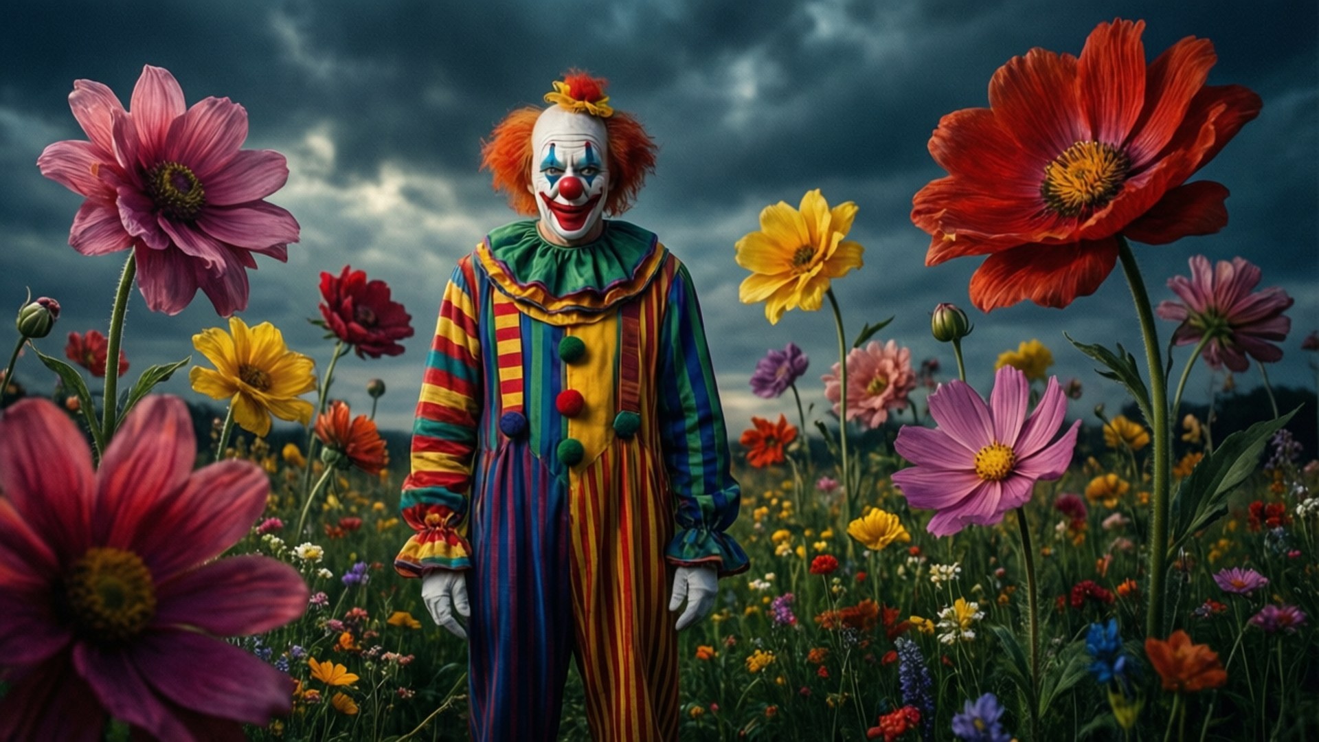 Clown in Flower Field 壁紙 — 一個穿著彩虹條紋西裝的小丑站在暴風雨天空下，周圍是超大型色彩繽紛的花朵。