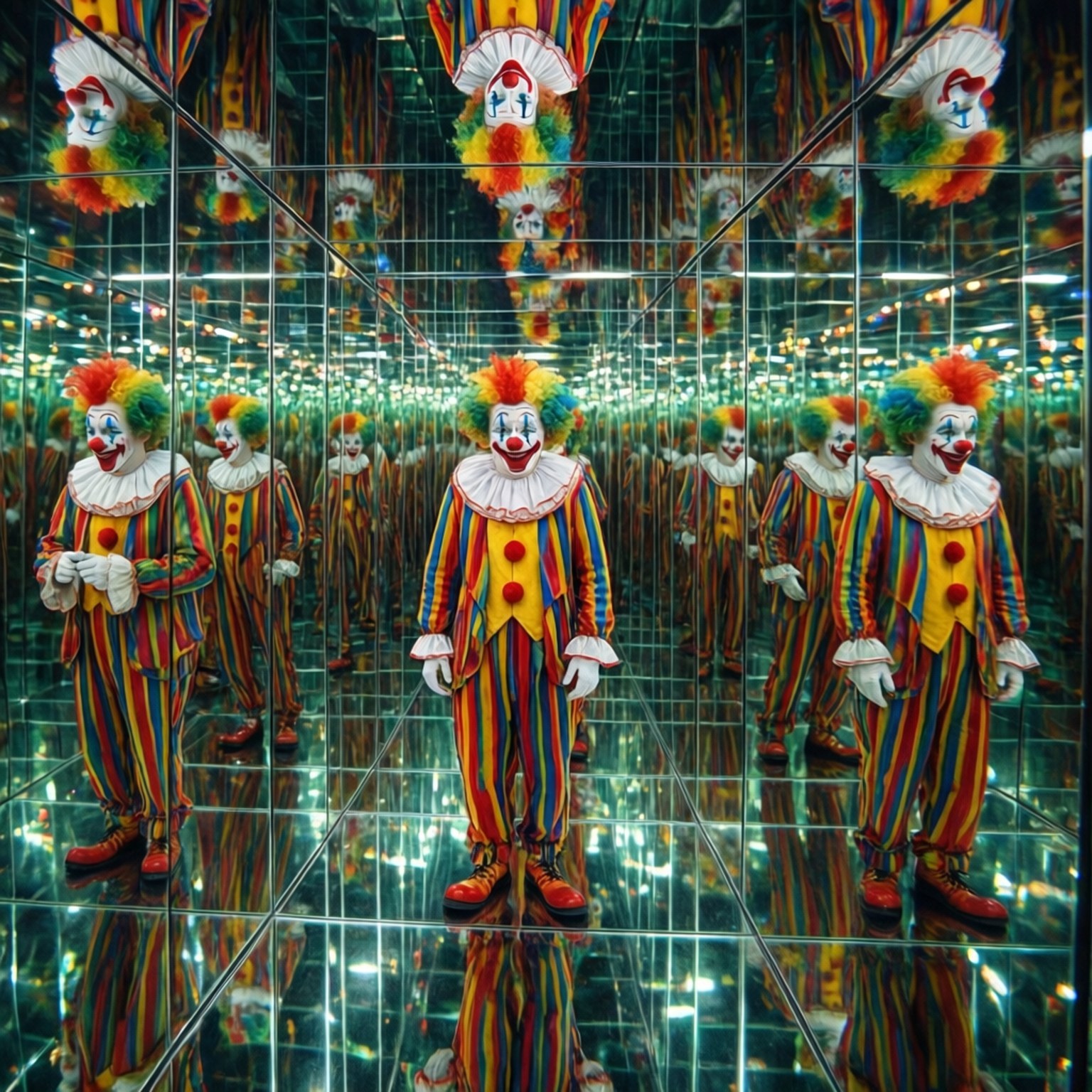 Clown in Mirror Maze 壁紙 — 一個穿著彩虹條紋西裝的小丑站在舞台中央，被無限的鏡面反射包圍，創造出一個萬花筒般的笑聲和扭曲迷宮。
