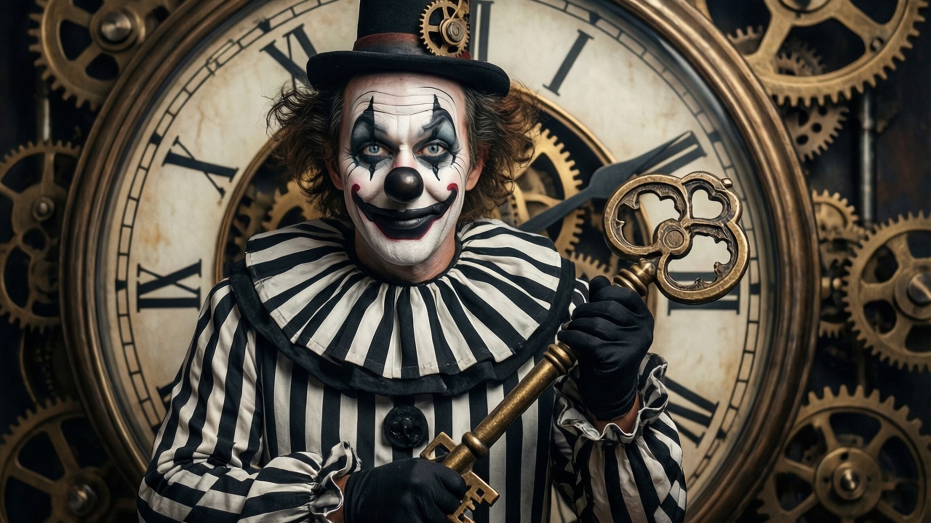 Steampunk Clown with Key 壁紙 — 一個穿著黑白條紋服裝的小丑，在一個被黃銅齒輪包圍的大型華麗時鐘前拿著一把金色鑰匙。