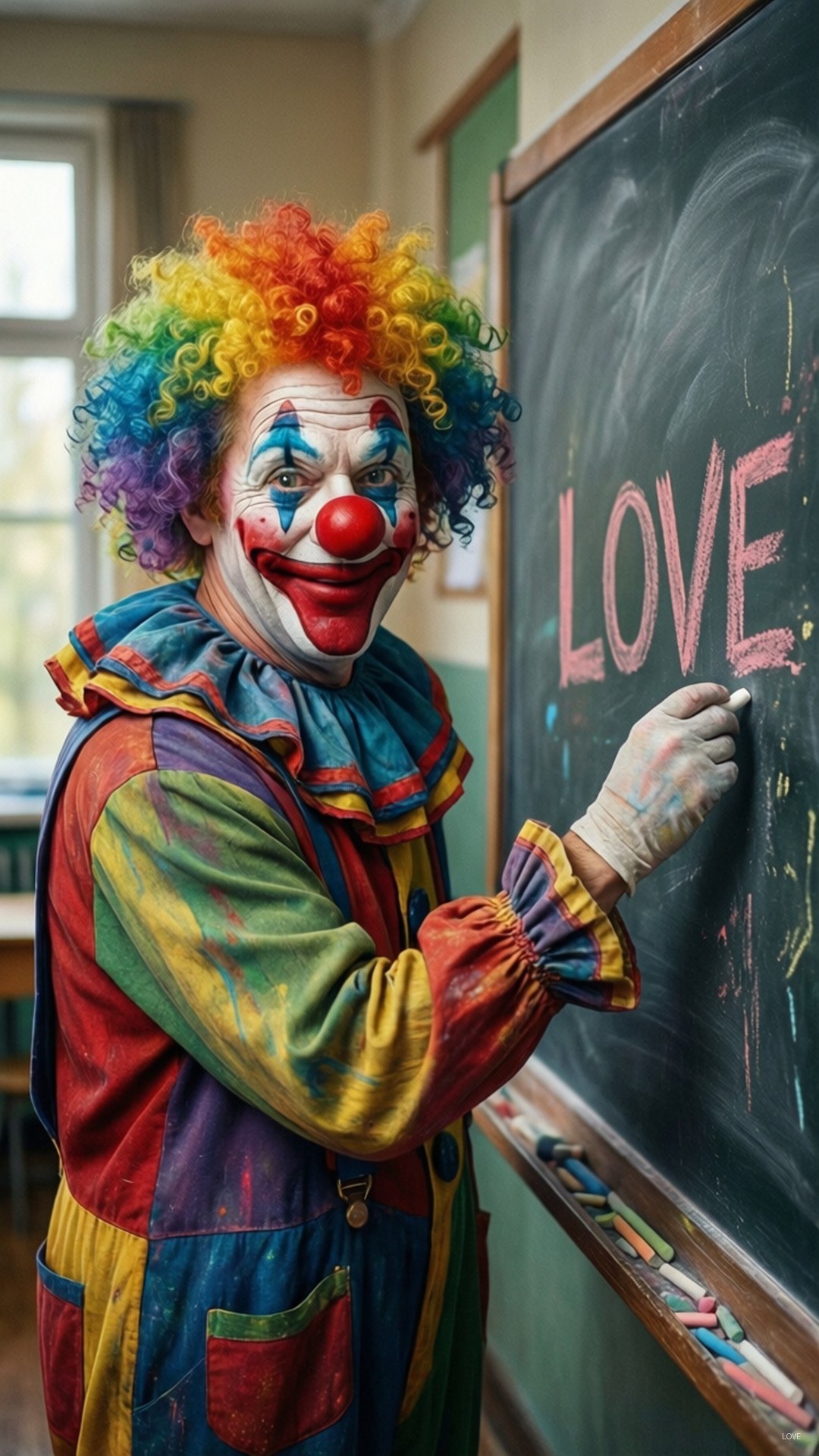 Clown Writing on Chalkboard 壁紙 — 一個彩虹頭髮的小丑在教室的黑板上用粉紅色粉筆寫下LOVE這個詞。