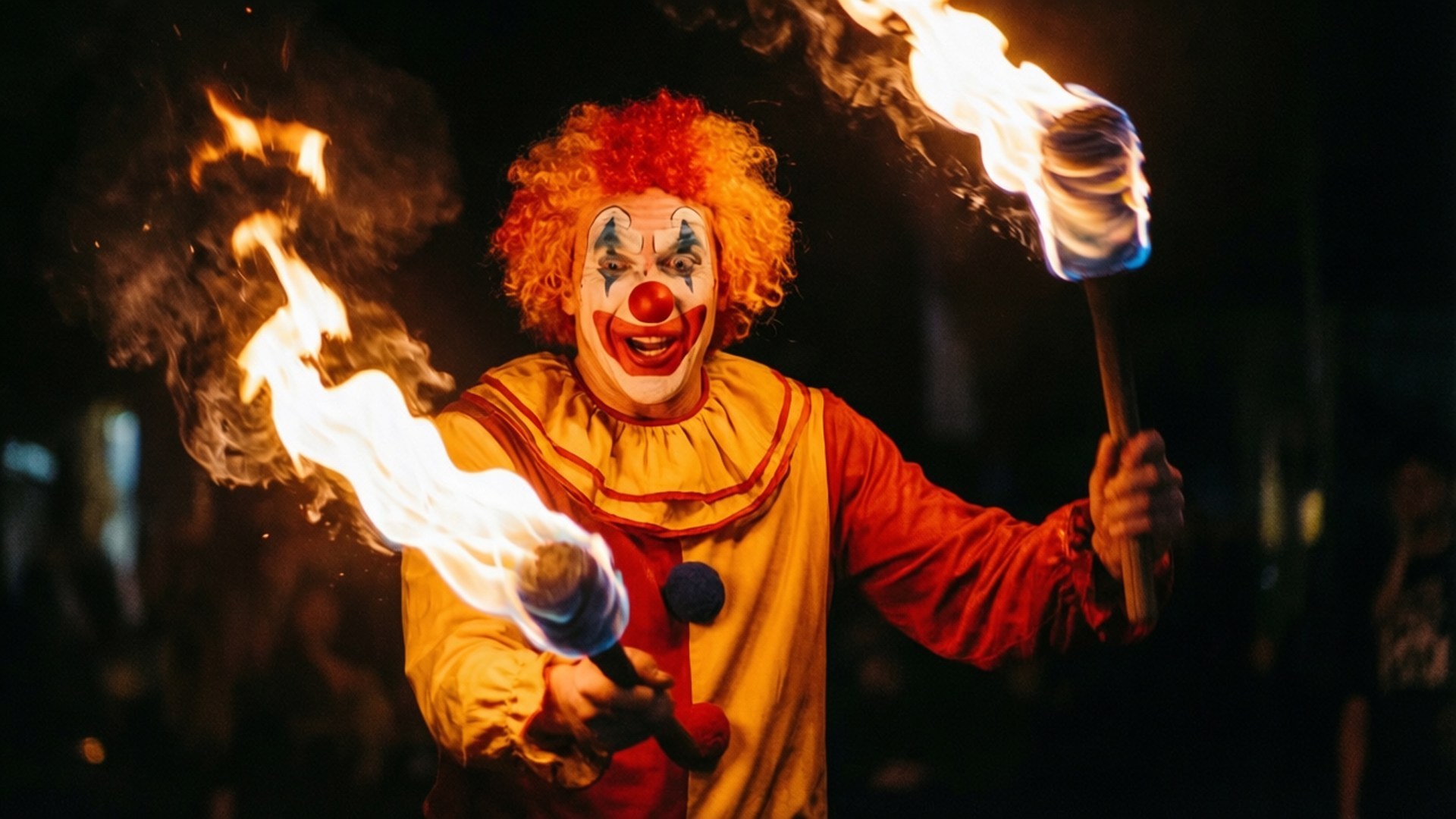 Fire Juggling Clown 壁紙 — 一個紅髮化妝的小丑在黑暗背景下手持燃燒的火把。