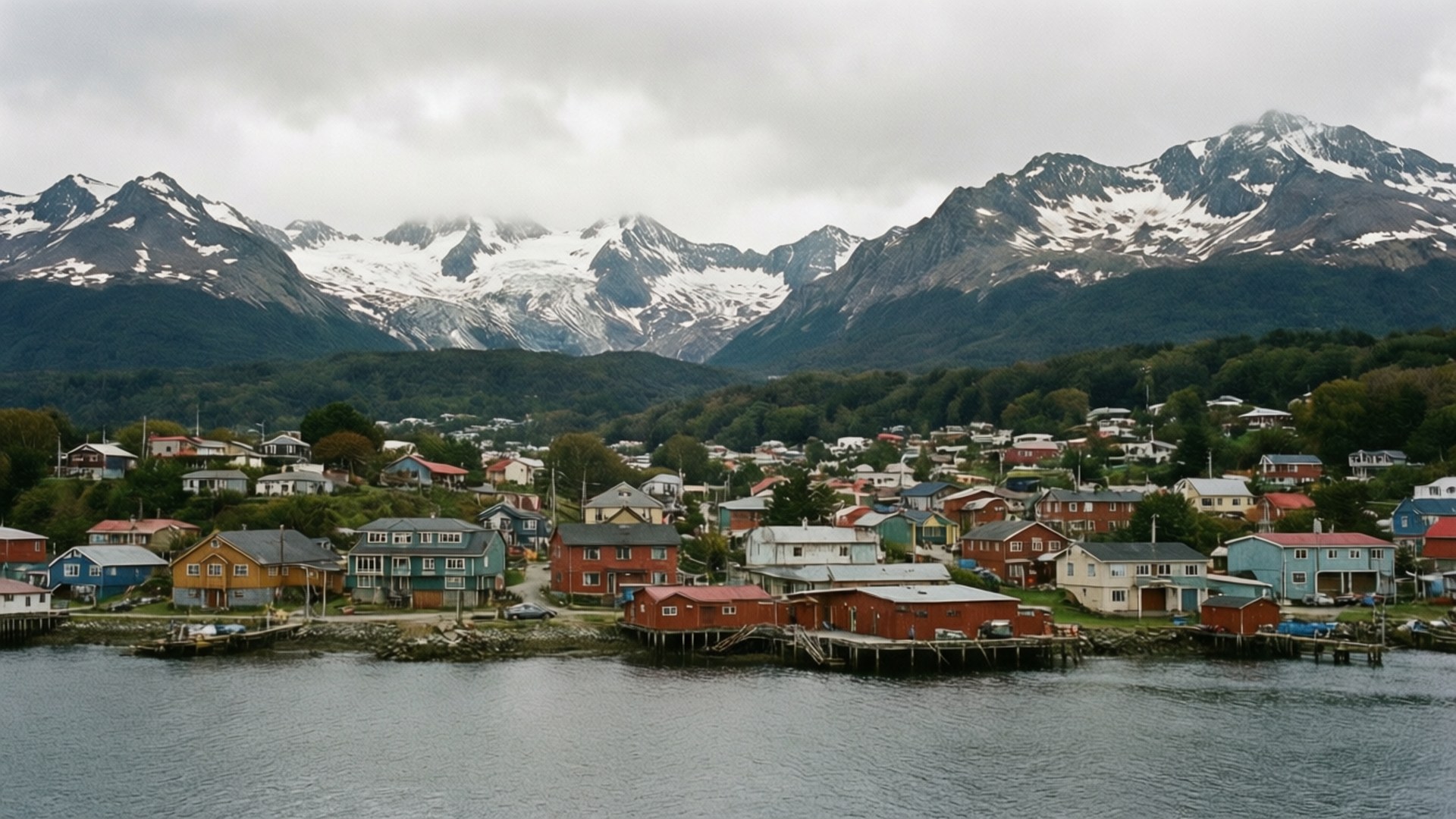 Southernmost Town 壁紙 — 一個沿海村莊，色彩繽紛的房屋坐落在水和白雪覆蓋的山脈之間，天空多雲。