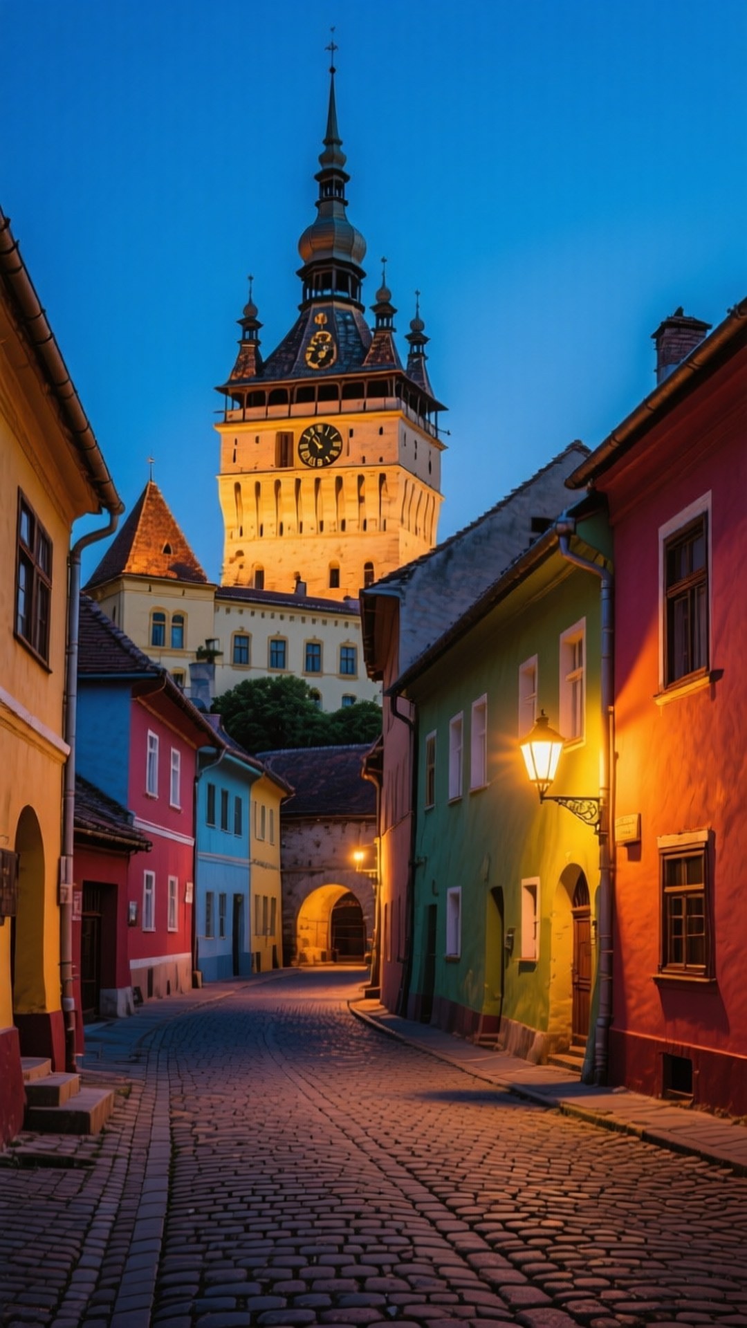 Sighisoara Evening Glow 壁紙 — 一條鵝卵石街道在黃昏時分，兩旁是色彩繽紛的建築物，通往一座溫暖照明的歷史鐘樓，背景是深藍色的天空。