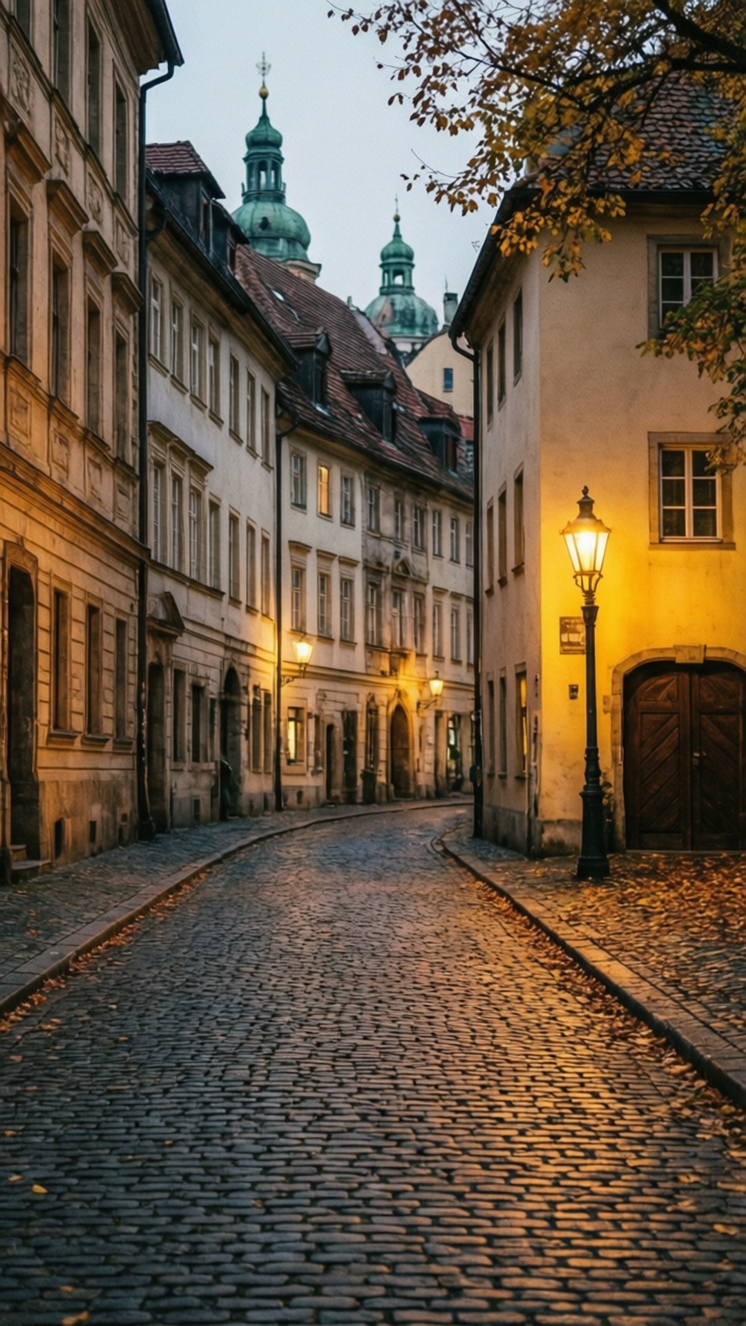 Cobblestone Lane 壁紙 — 一條鵝卵石街道在歷史建築之間輕柔彎曲，溫暖的路燈在暮色天空中閃耀，遠處可見綠色圓頂。