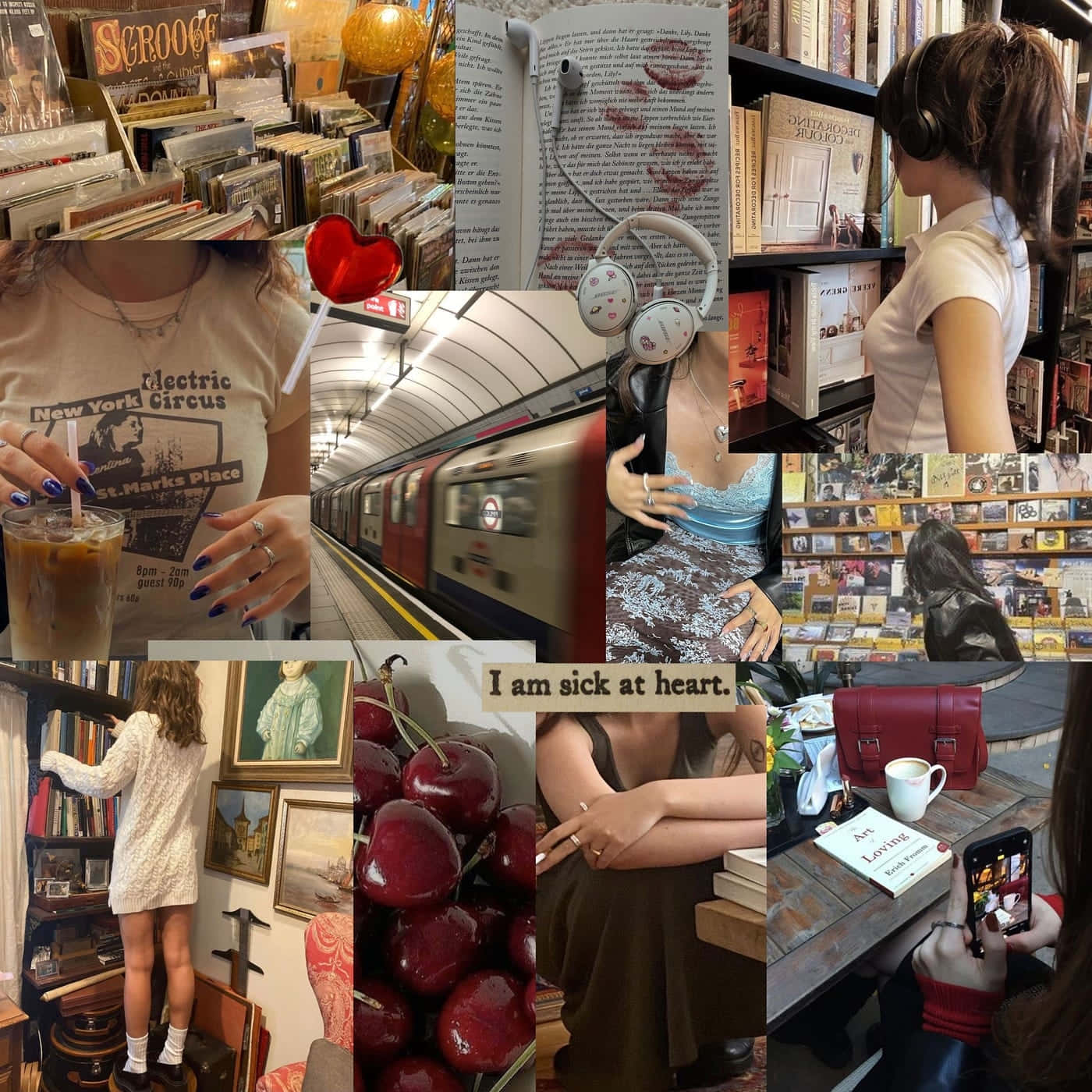  壁紙 — 一個溫馨書店時刻、櫻桃特寫、地鐵旅行以及帶耳機和咖啡的咖啡館場景的拼貼畫。