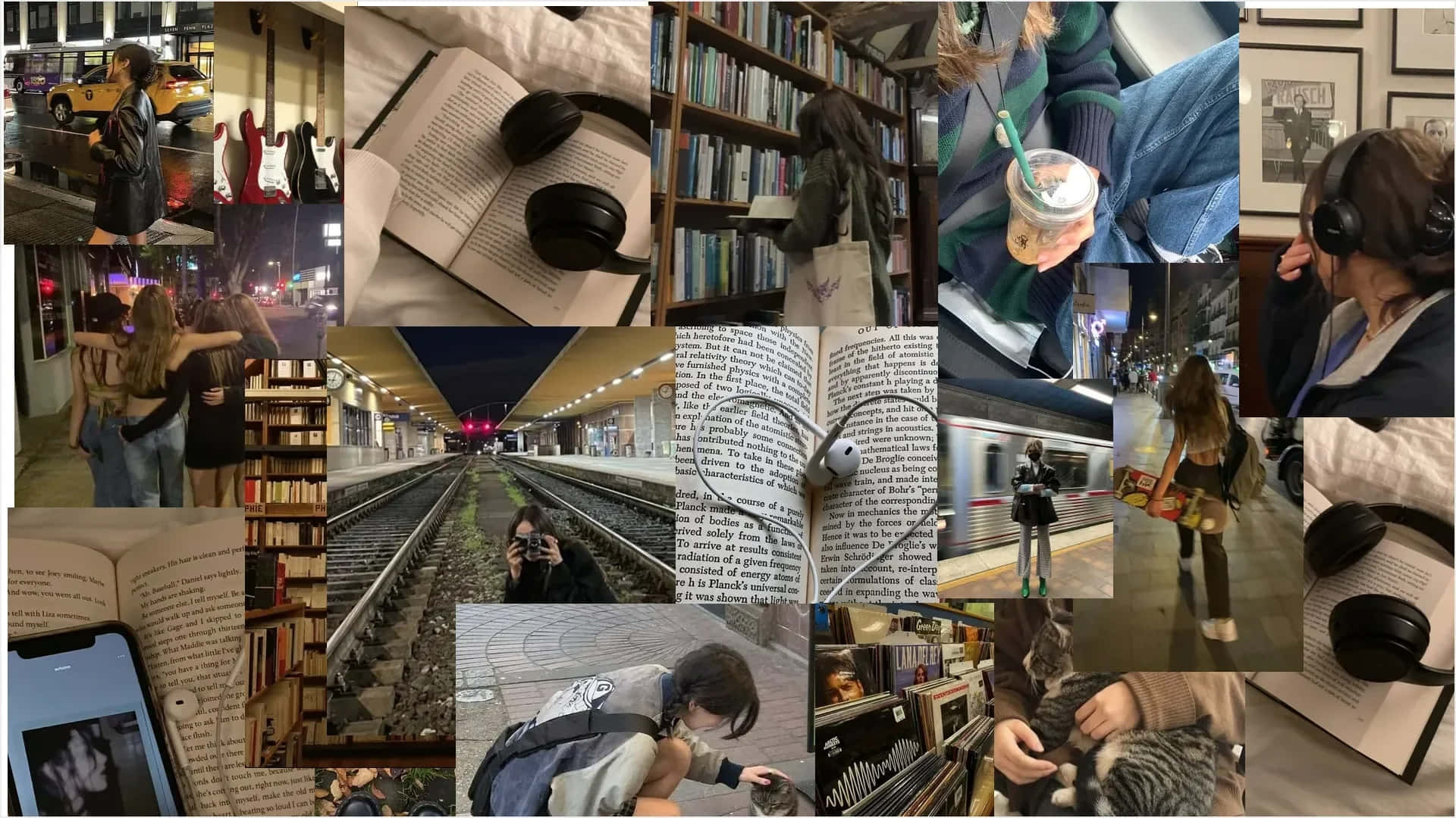  壁紙 — 溫馨時刻的拼貼：閱讀書籍、聽音樂、漫步城市街道，以及戴著耳機享受咖啡。
