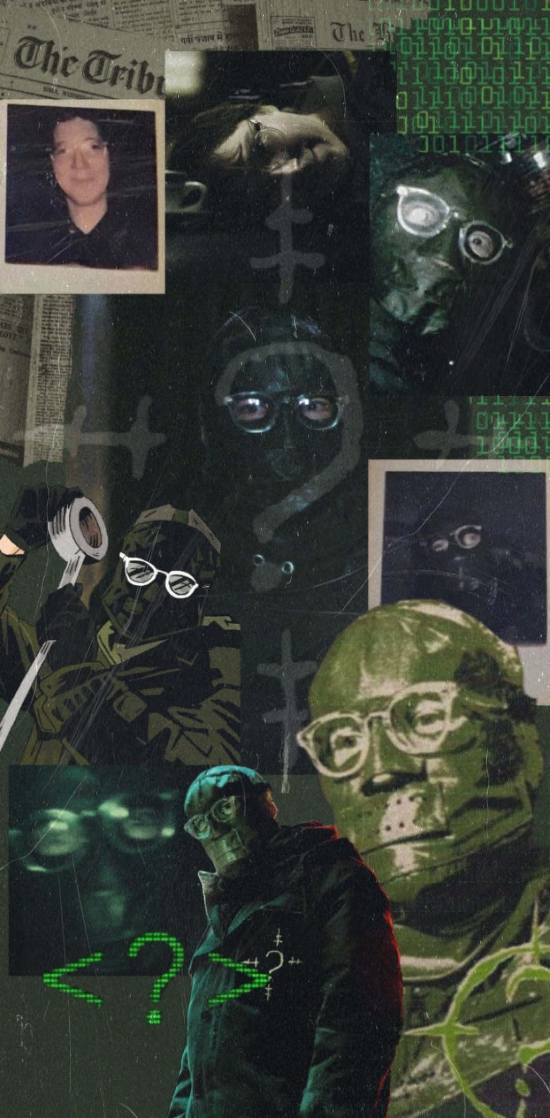 Riddler 桌布 壁紙 — 一幅拼貼畫，描繪戴面具的人物，眼睛發光，背景是報紙和二進制代碼。