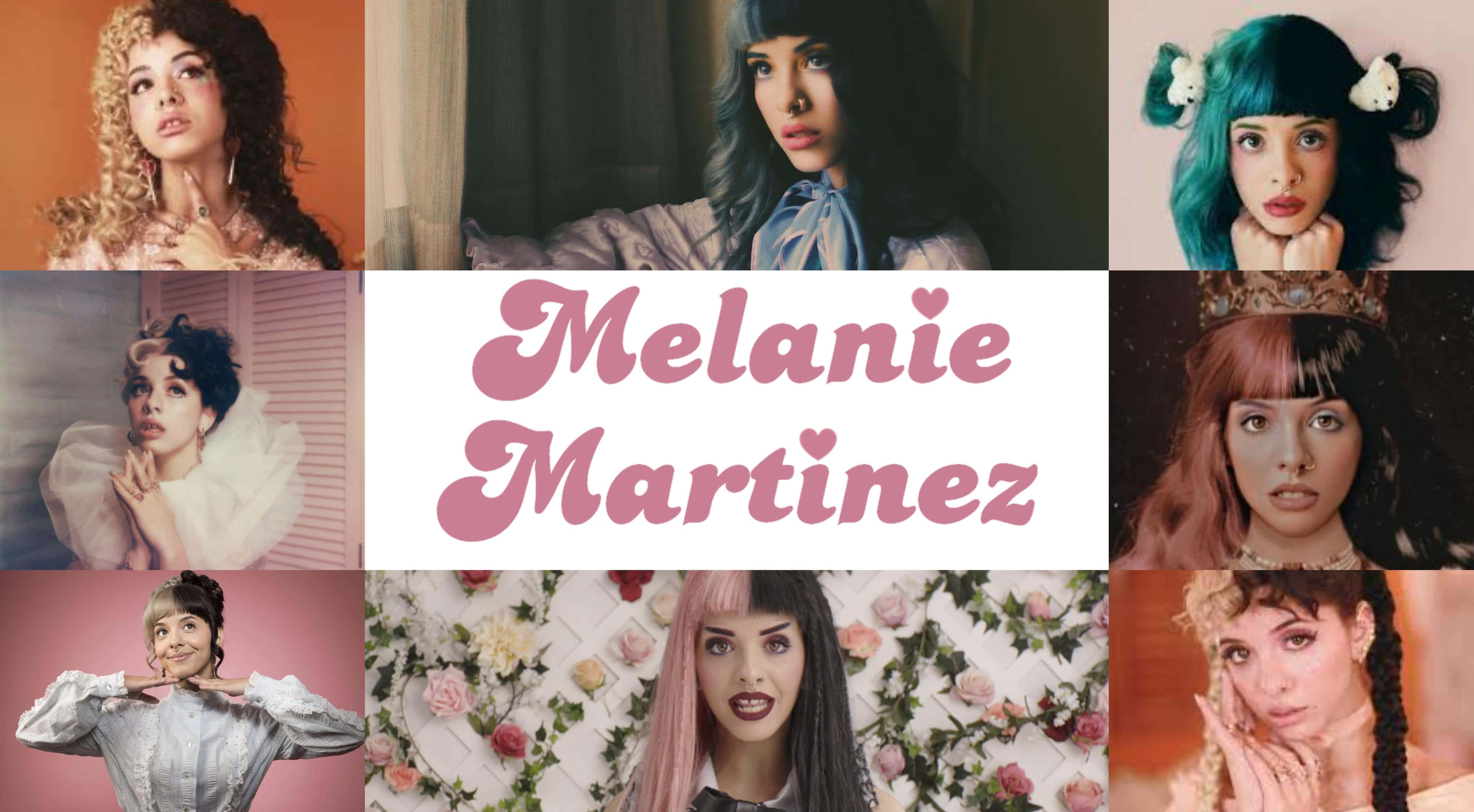 Melanie Martinez 桌布 壁紙 — Melanie Martinez 的拼貼畫，包含多個風格化肖像，帶有戲劇化妝容和色彩繽紛的頭髮，襯托主題背景。