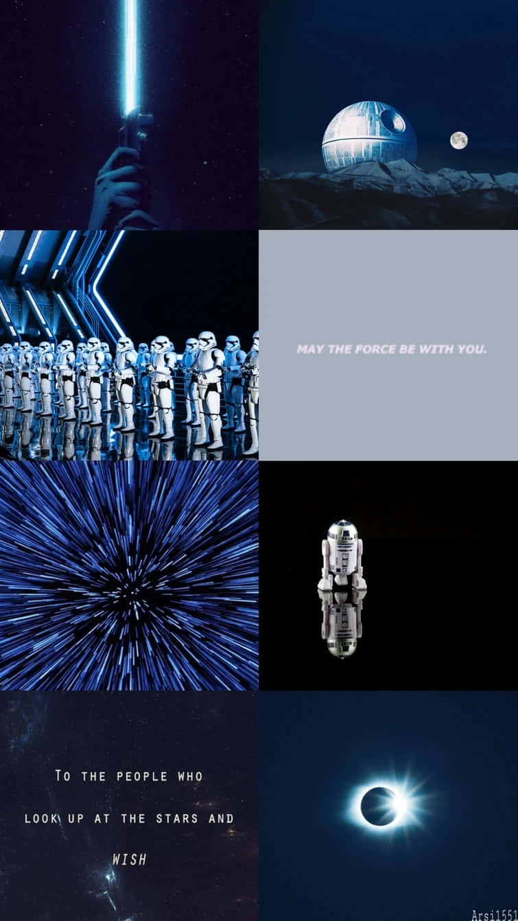 Star Wars Aesthetic 桌布 壁紙 — 一幅星戰圖像拼貼，包含光劍、風暴兵、死星、R2-D2和星域，並附有勵志語錄。