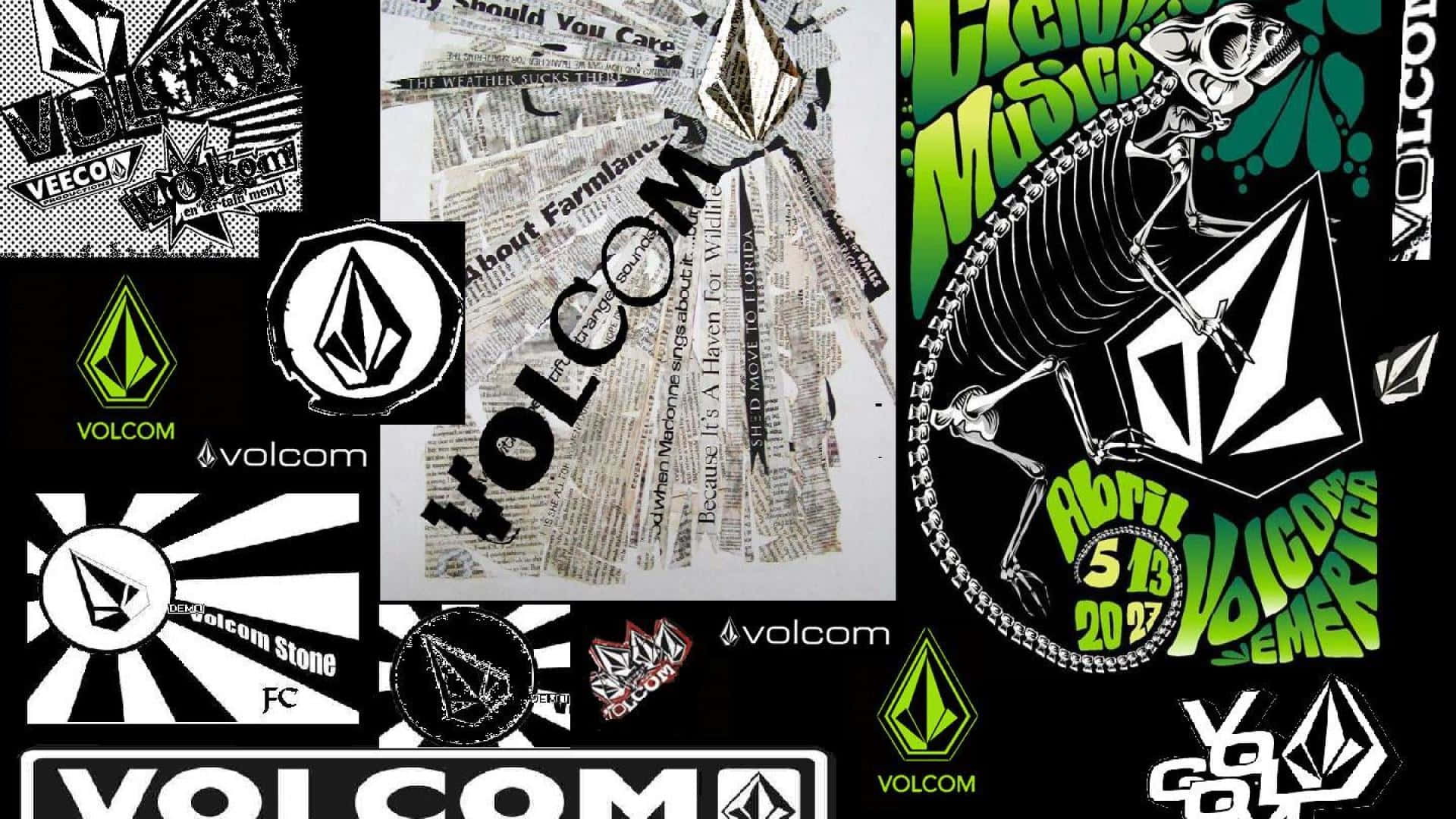  壁紙 — Volcom 品牌圖像的拼貼，包含標誌、骷髏、報紙文字以及大膽的綠色、黑色和白色設計。