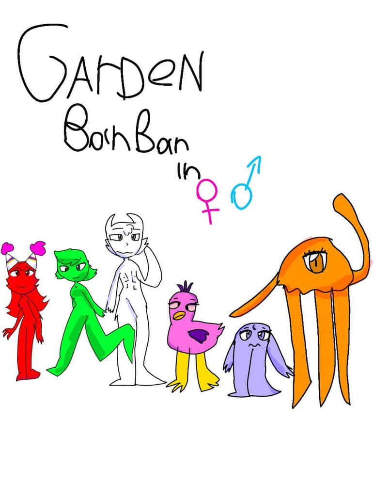  壁紙 — 一幅色彩繽紛的卡通畫，描繪了六個不同風格的角色排成一排，下方有手寫標題「GARDEN Both Bar in」和性別符號。