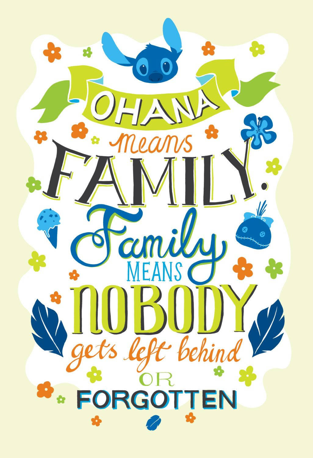Stitch 插圖，帶有 'Ohana 意味著家庭' 的文字，周圍環繞著花朵。 — Stitch 壁紙