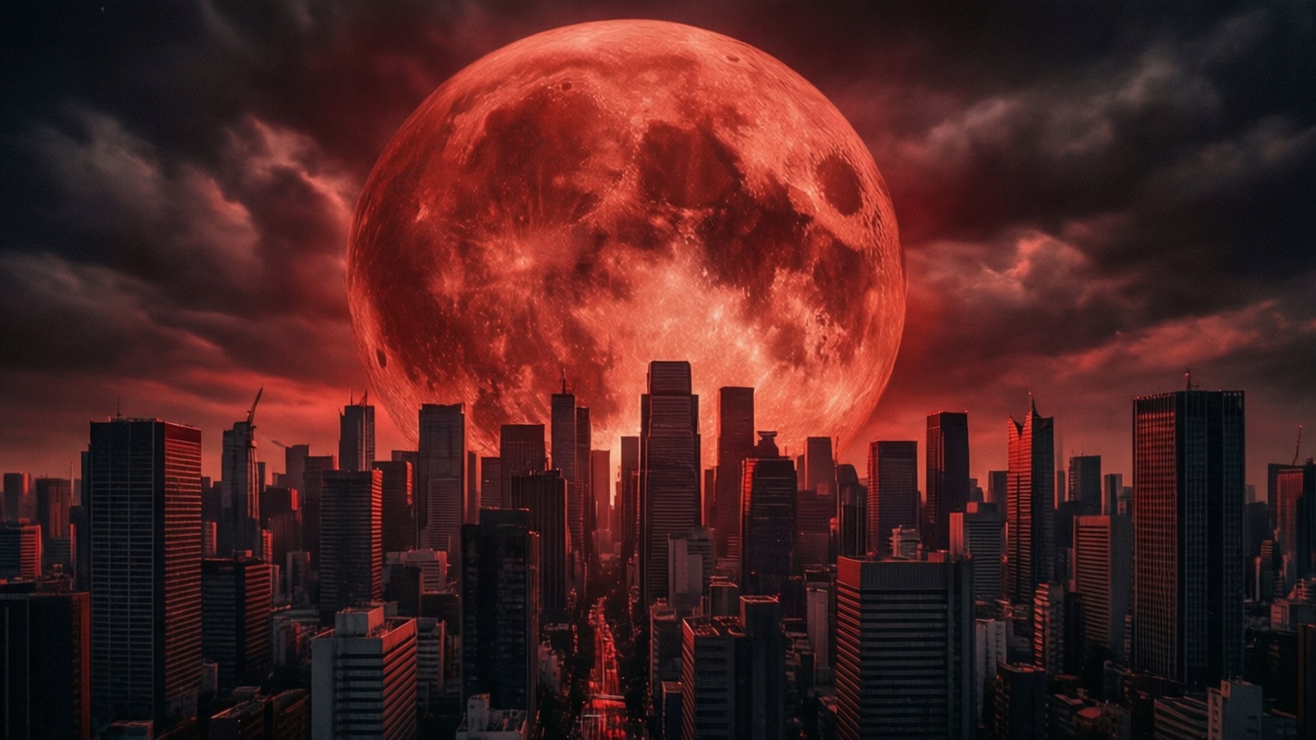 Apocalyptic Tsukuyomi 壁紙 — 一輪巨大的血紅色月亮籠罩在密集的城市景觀之上，天空風暴般的深紅。