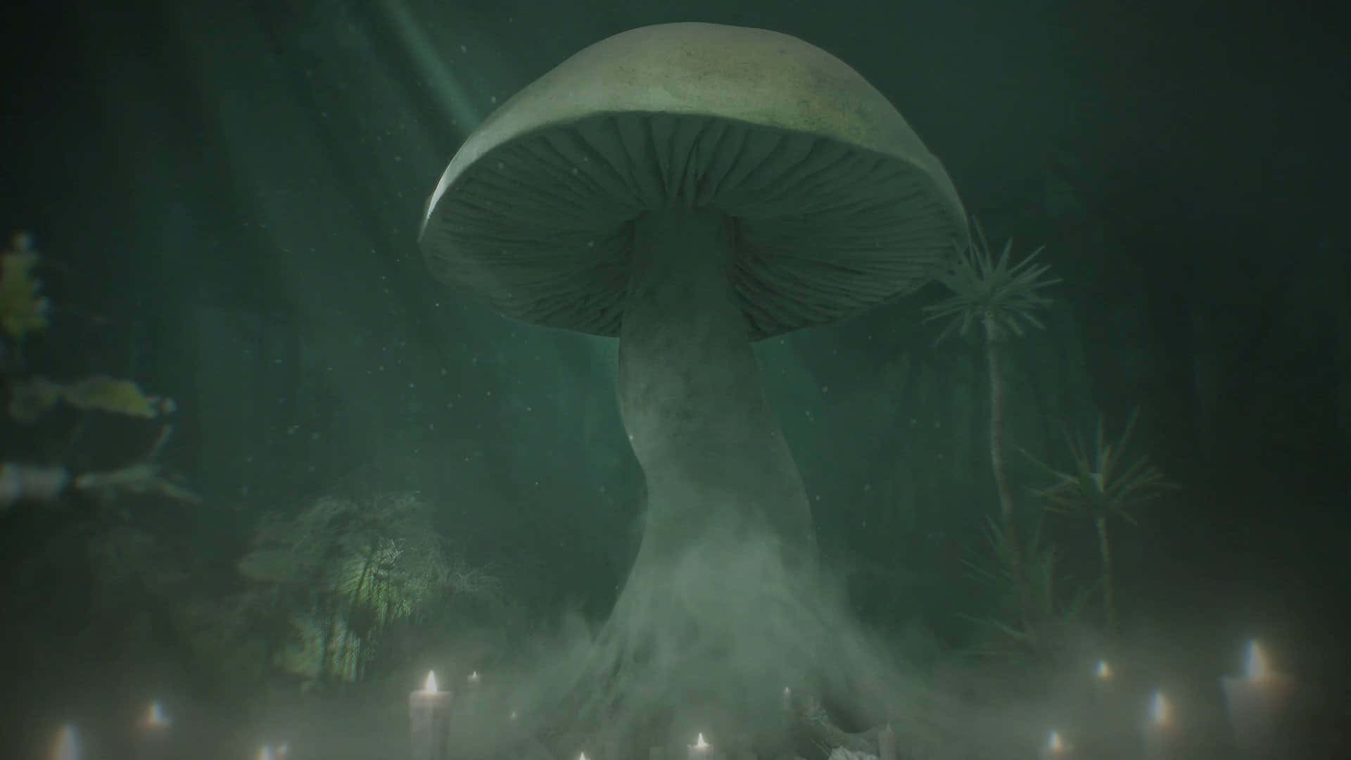  壁紙 — 一朵巨大的發光蘑菇在迷霧森林中升起，燭光在其底部閃爍。