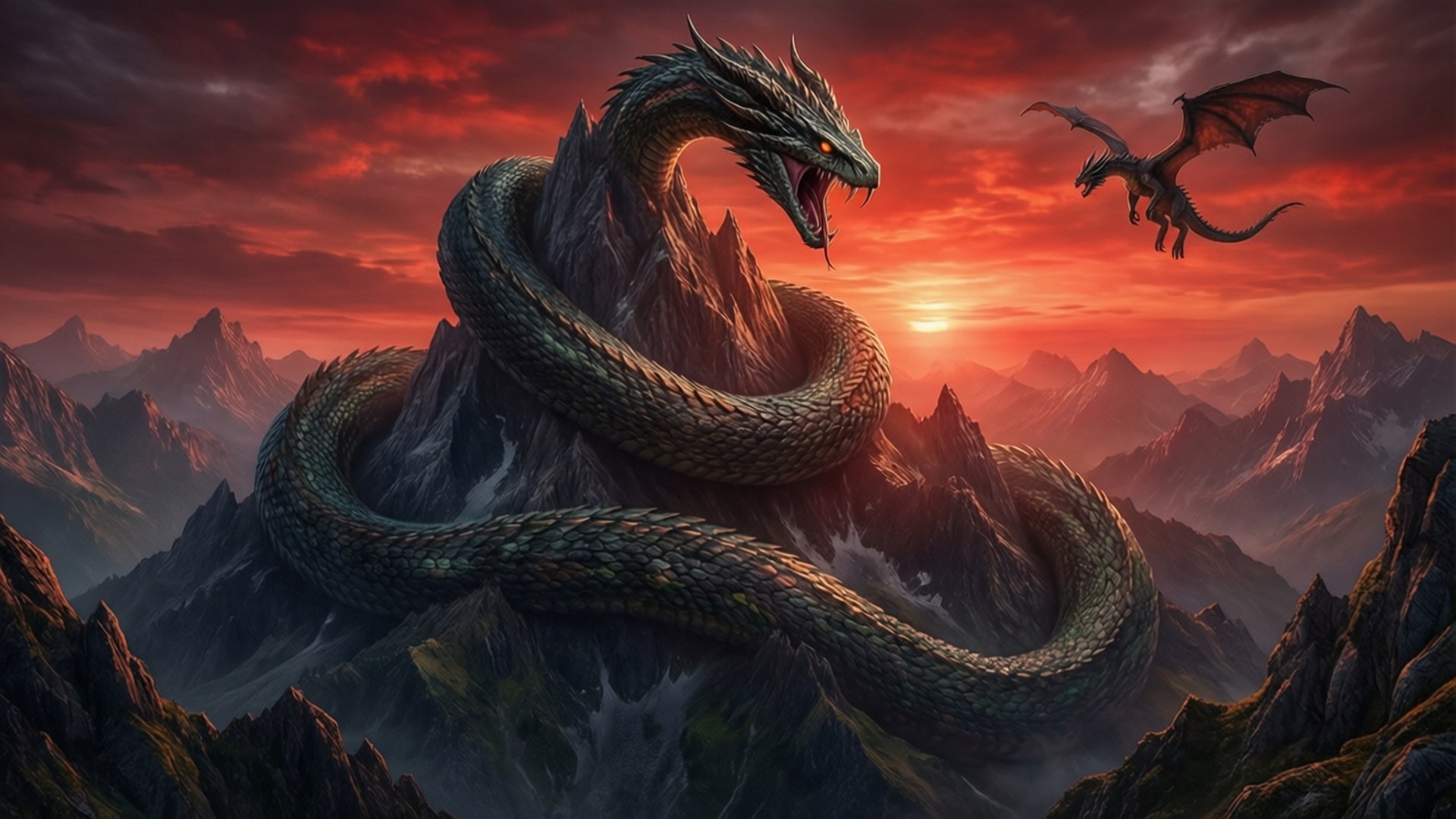 Skyrim's Majestic Peak 壁紙 — 一條巨大的綠色龍盤繞在山峰上，而一條較小的龍在火紅的日落天空下飛翔。
