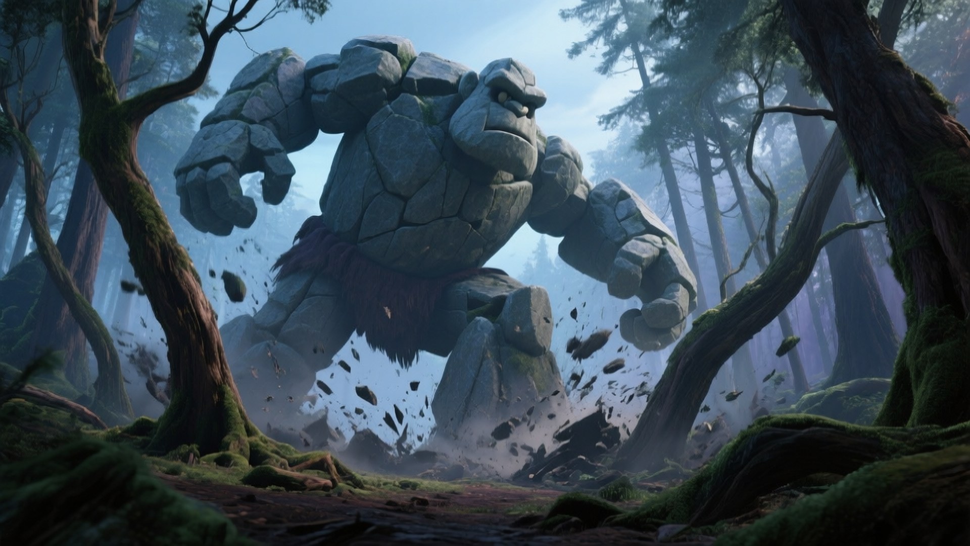 Awakening of the Giants 壁紙 — 一個巨大的石頭巨人踩過迷霧森林，壓碎樹木並使碎片飛揚。