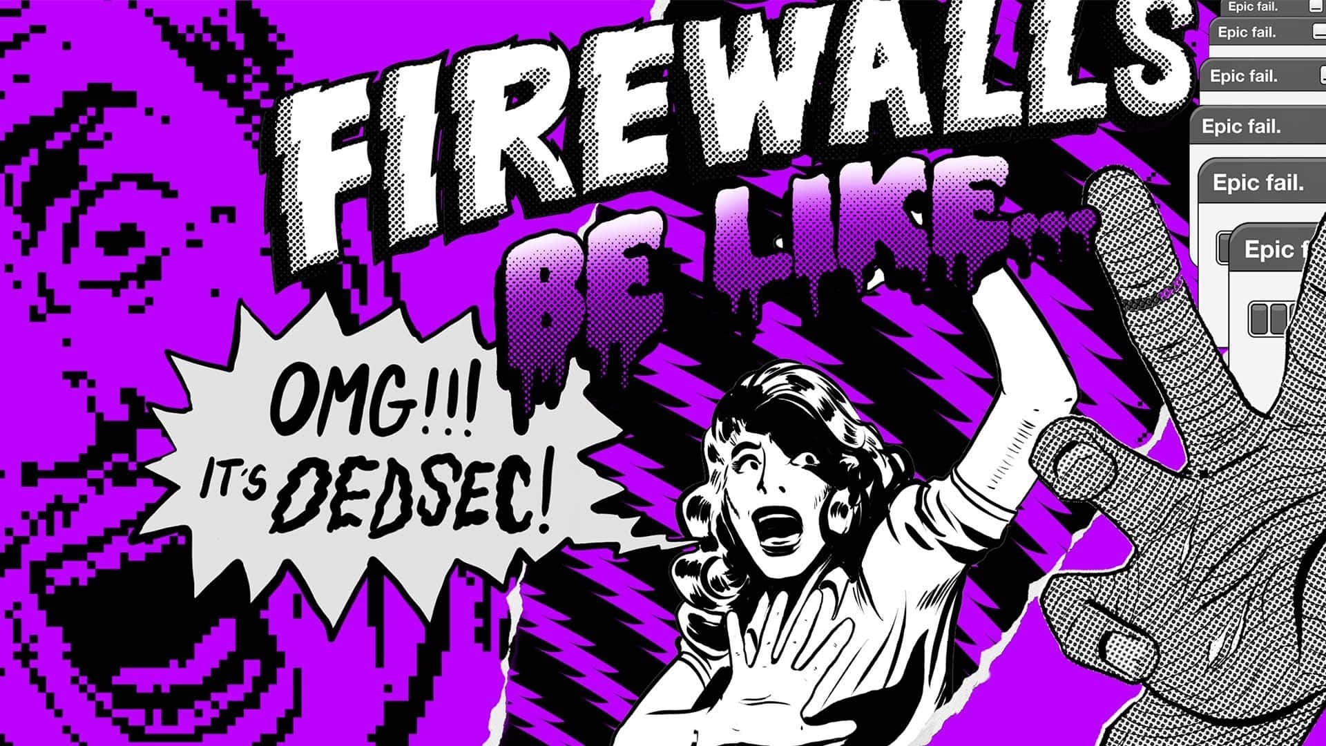  壁紙 — 一幅漫畫風格的插圖顯示一名驚慌失措的女子尖叫「OMG！！！是DEDSEC！」，一隻巨手在充滿活力的紫色背景上籠罩著她。