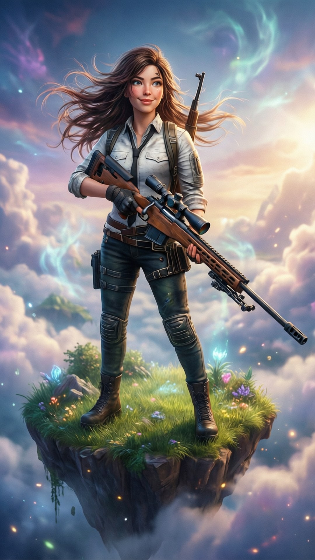 tsuki fortnite 桌布 壁紙 — 一位自信的女狙擊手站在一座浮島上，周圍環繞著雲朵和發光的植物，天空色彩斑斕。