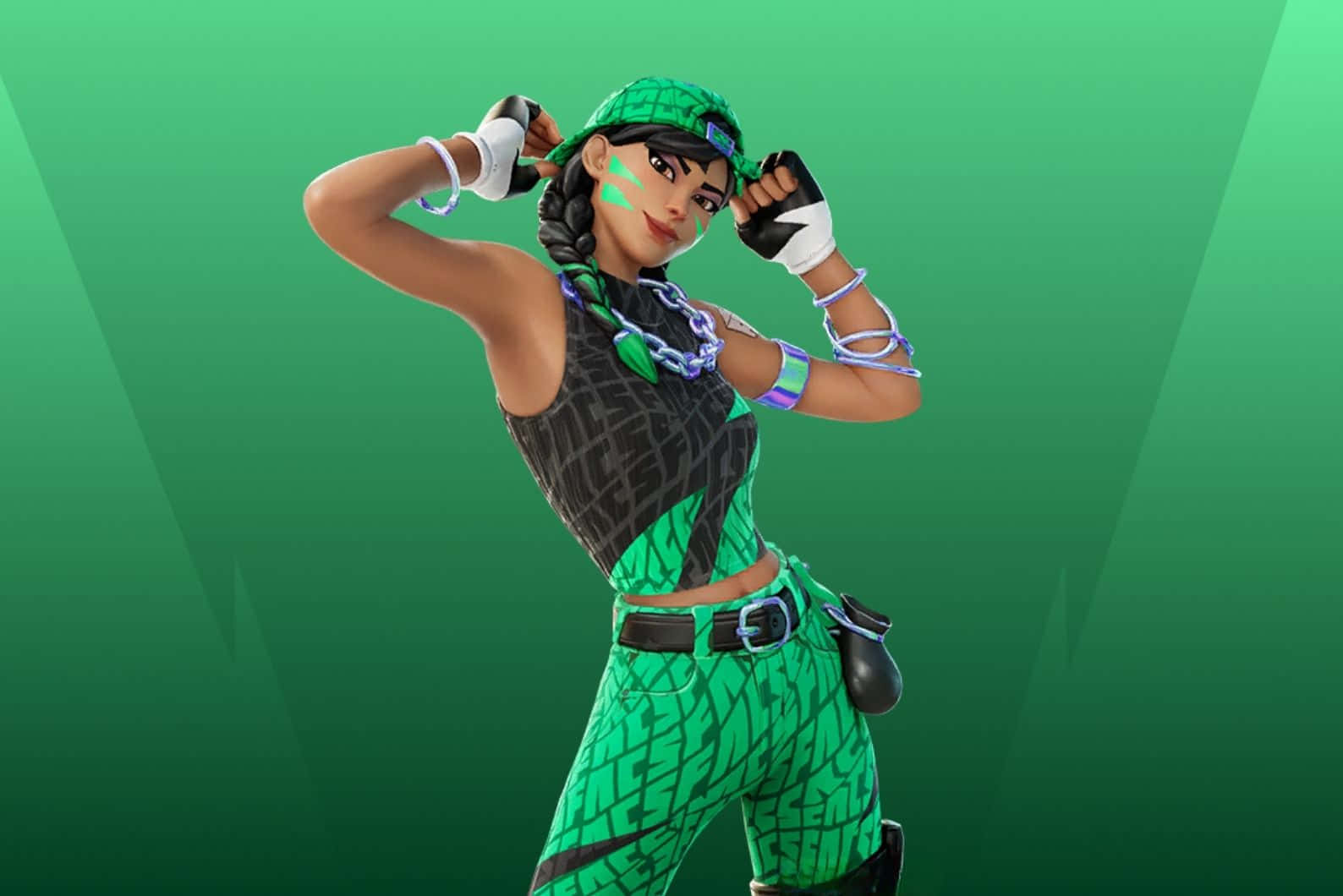  壁紙 — 一個自信的Fortnite角色，穿著綠色圖案服裝，在漸變綠色背景前動態擺姿勢。