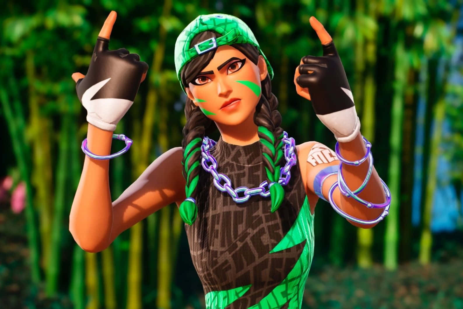 壁紙 — 一個自信的Fortnite角色，綠色辮子和手套，在竹林中豎起兩個大拇指。