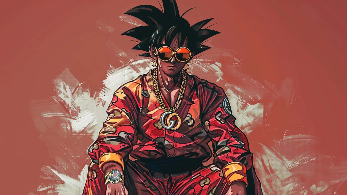  壁紙 — 一個酷炫的動漫角色，擁有尖刺黑髮和橙色太陽眼鏡，自信地坐在紅色服裝中，佩戴金鏈，背景為紋理紅色。