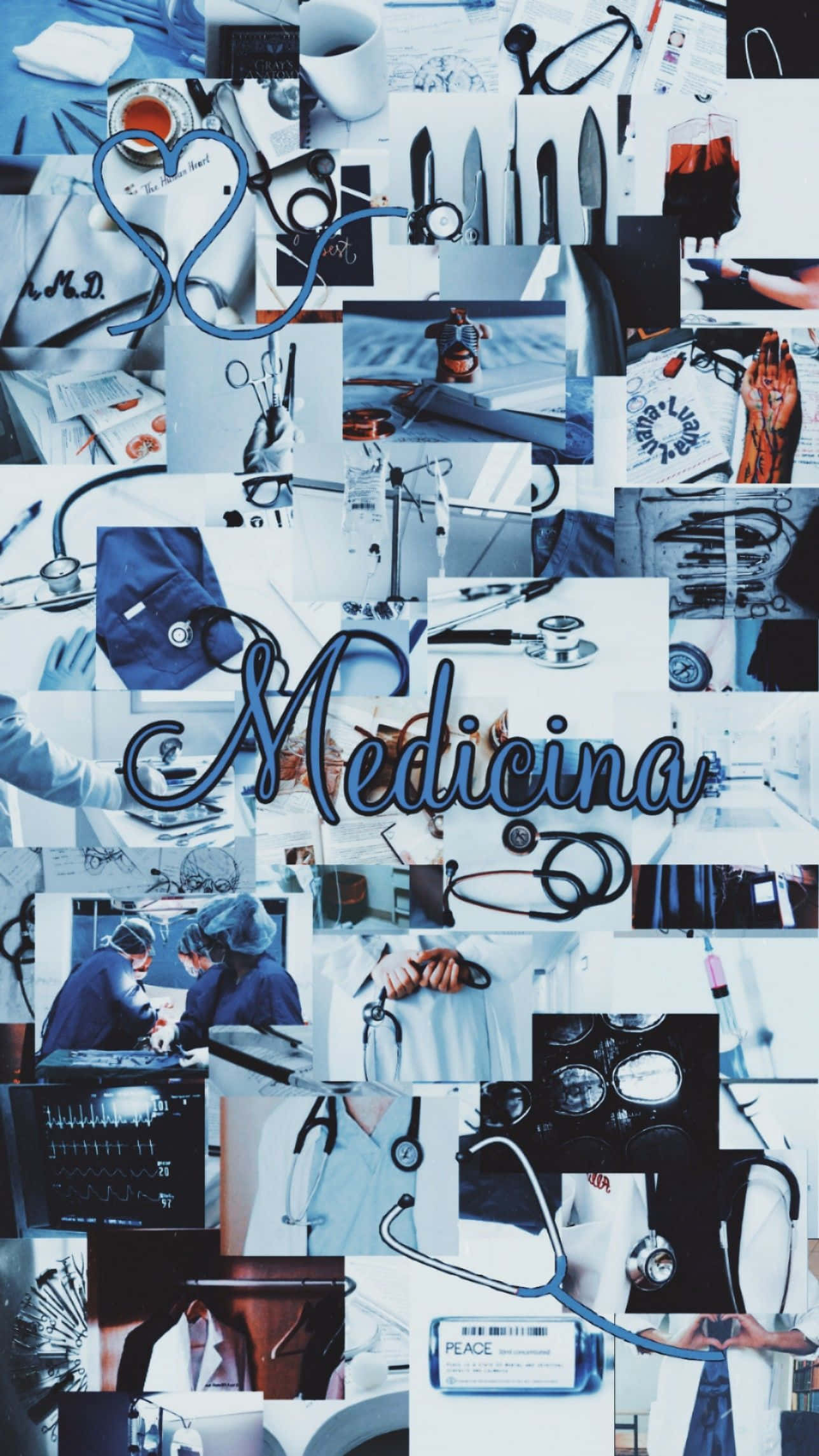 Medicina 桌布 壁紙 — 冷色調的醫學圖像拼貼，包括聽診器、手術刀和穿著手術服的醫生，並帶有草書字體 'Medicina'。