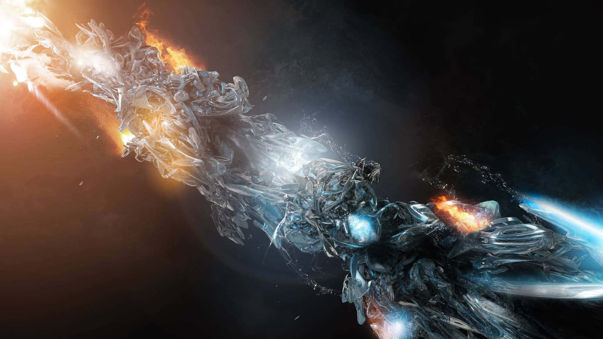 熾熱與冰冷的能量流在宇宙虛空中碰撞，伴隨著發光的粒子。 — 3D 壁紙
