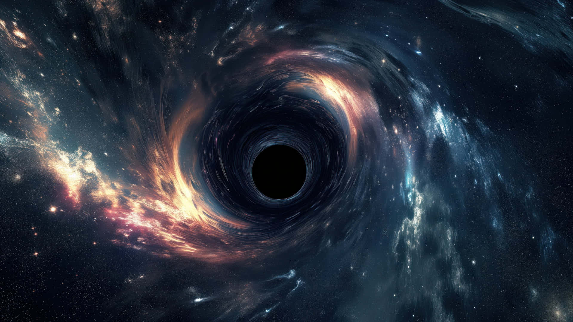  壁紙 — 一個宇宙黑洞在繁星點點的黑暗太空背景下，旋轉著熾熱的橙色和藍色吸積盤。