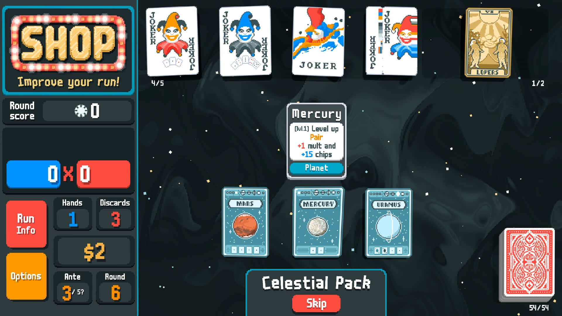  壁紙 — 一個宇宙卡牌遊戲介面，小丑牌和行星牌在星空背景下漂浮。