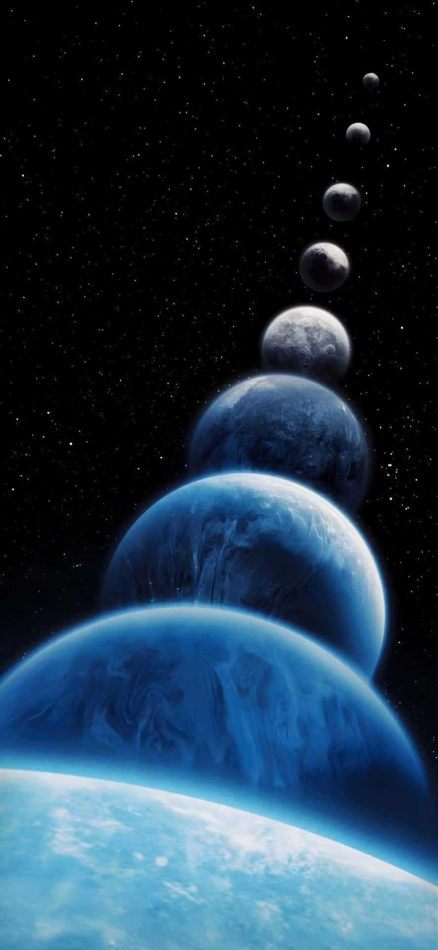  壁紙 — 藍色和灰色行星的宇宙級聯螺旋向上，映襯著繁星點點的黑色虛空。