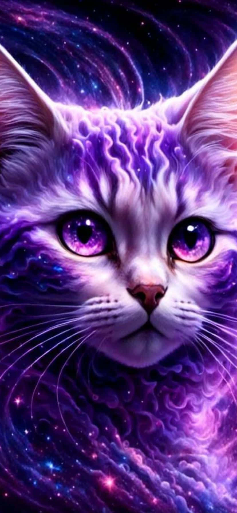  壁紙 — 一隻擁有紫色銀河毛髮和星眸的宇宙貓咪，直視著旋轉星雲的背景。